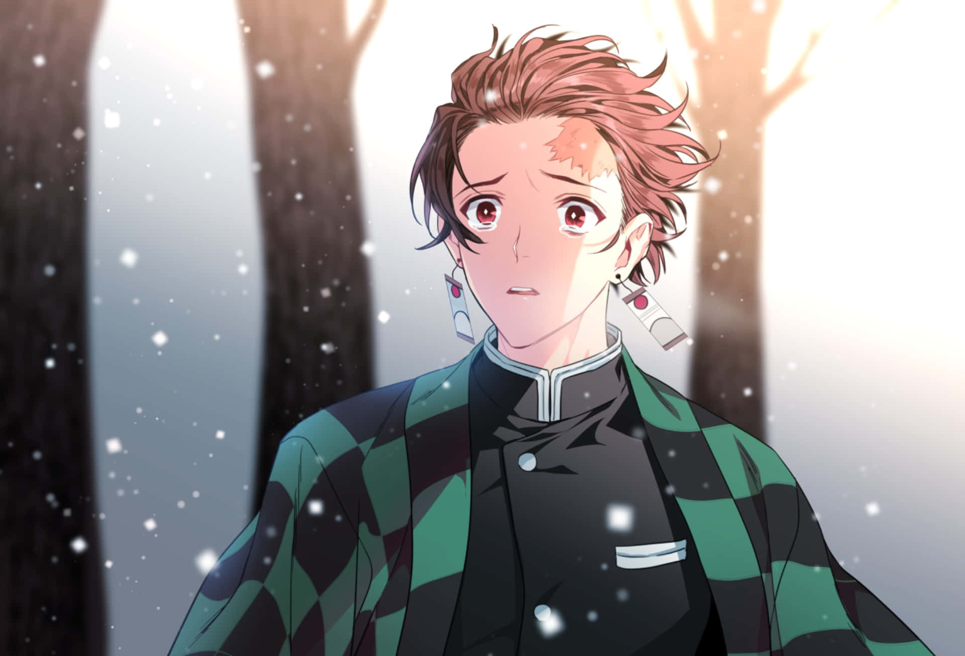 炭治郎 桌布 壁紙 — 一個紅髮、穿著綠色格紋外套的年輕動漫男孩，站在一個有光禿樹木和柔和光線的雪地森林中。