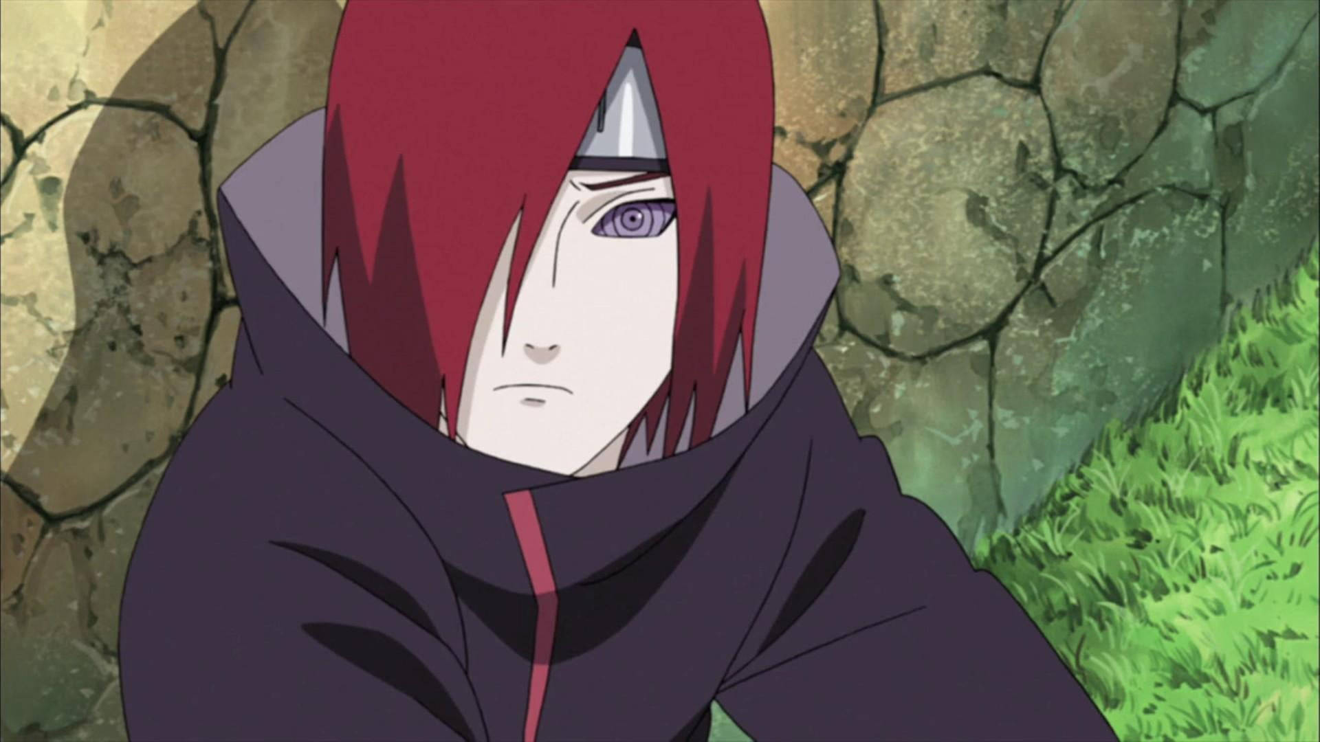 Nagato 桌布 壁紙 — 一個紅髮、紫眼、戴銀色頭帶的動漫角色，站在裂開的石頭和綠草前。