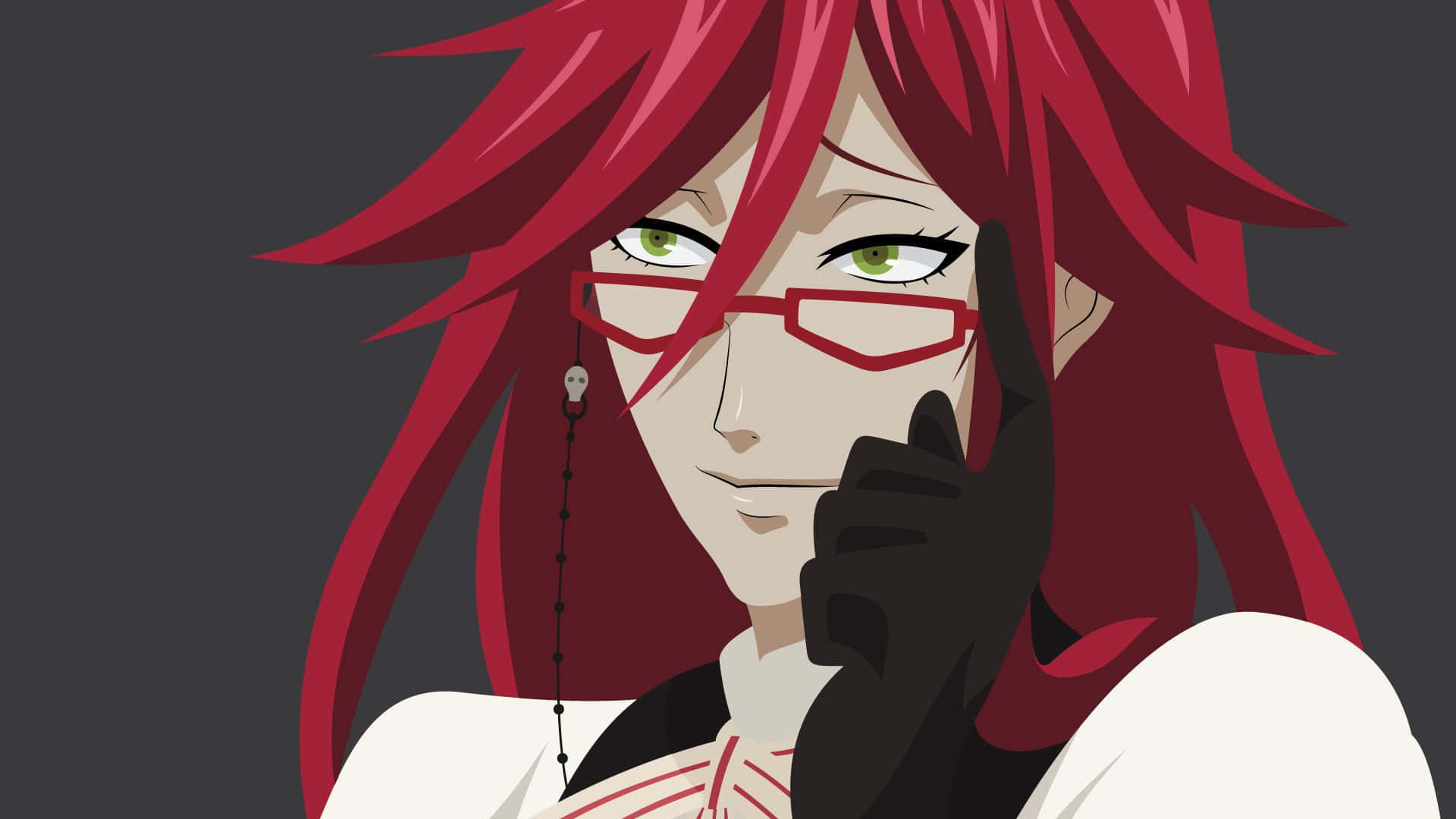 Grell Sutcliff 桌布 壁紙 — 一個紅髮、綠眼、戴紅色眼鏡的動漫角色，在深灰色背景上將手指放在嘴唇上。
