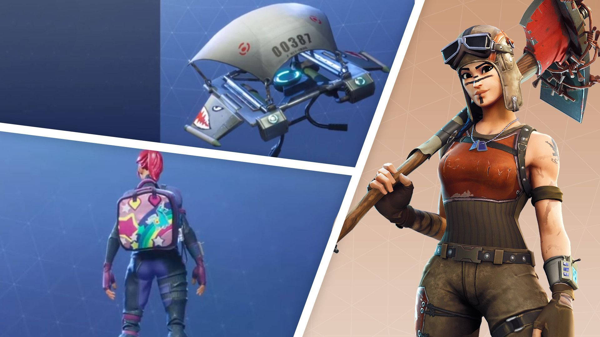 Renegade 桌布 壁紙 — 一個紅髮、背著彩色背包的Fortnite角色站在飛行員頭盔和揮舞大斧的戰士旁邊。