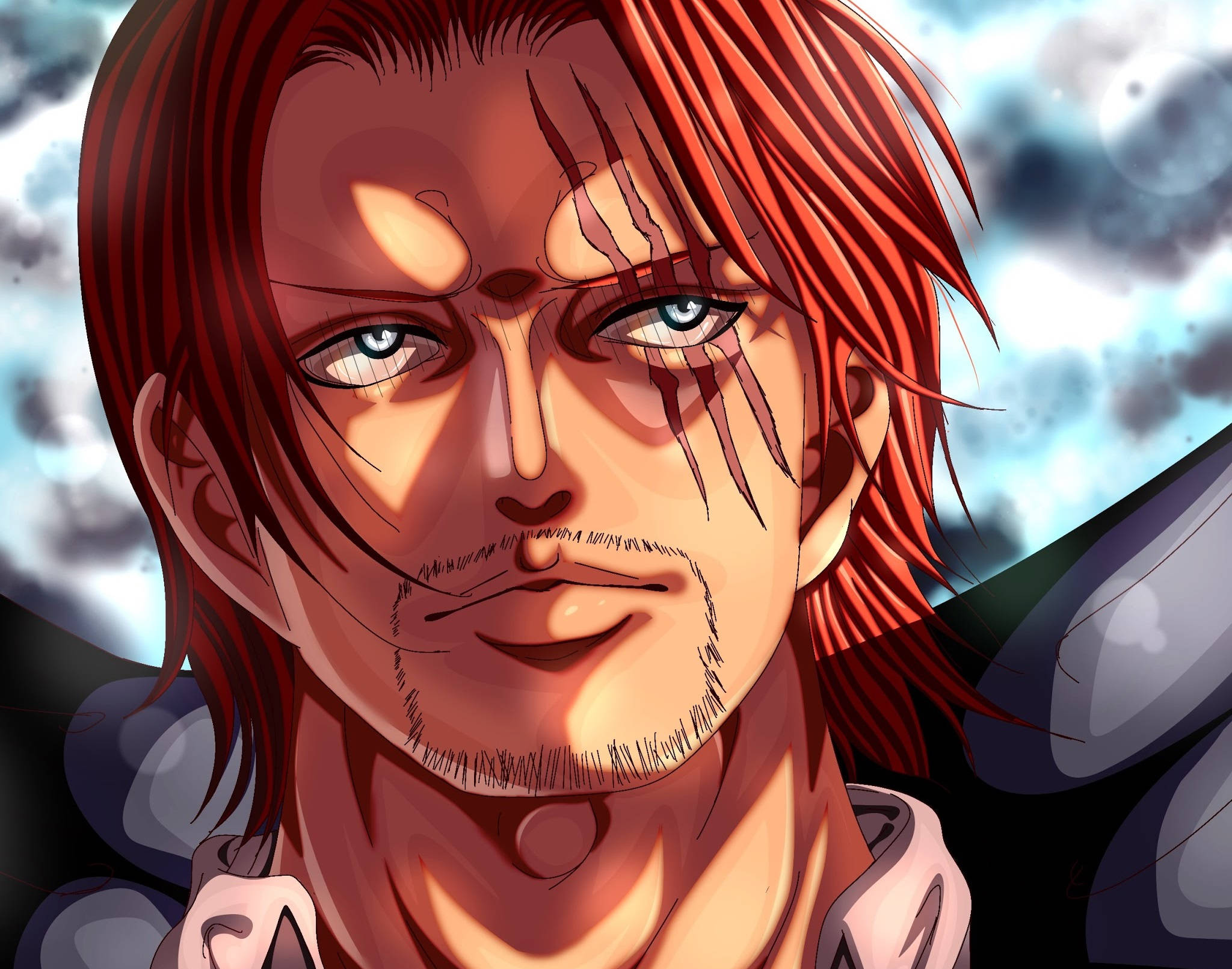 Shanks 桌布 壁紙 — 一個紅髮、臉上帶疤的兇猛動漫戰士，在暴風雨的天空下強烈地凝視著。