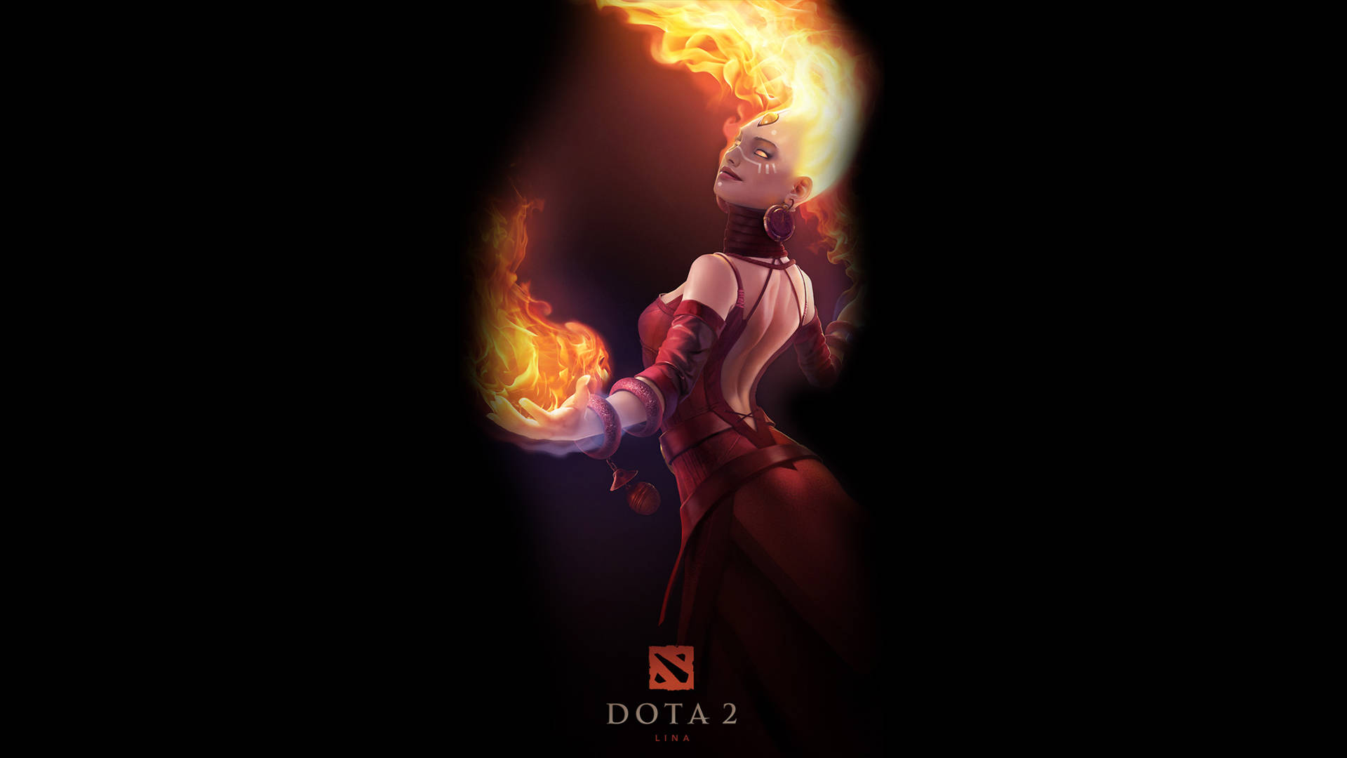 dota 2 4K 桌布 壁紙 — 一個紅髮Dota 2角色身穿紅袍，在黑暗虛空中手持燃燒球體，伴隨著發光的橙色火焰。