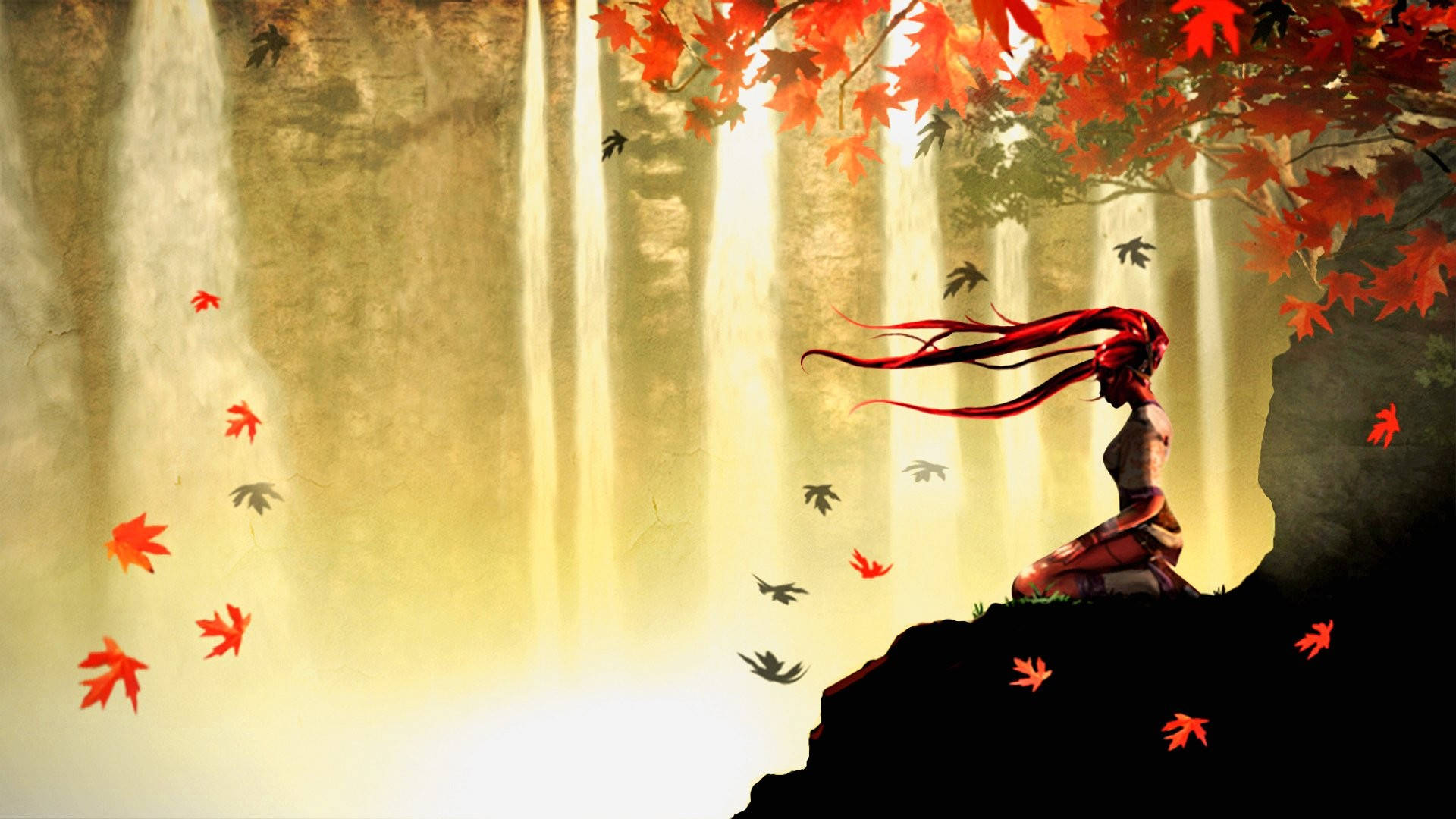 藝術 桌布 壁紙 — 一個紅髮人物以剪影形式坐在懸崖邊緣，下方是層疊的瀑布和鮮豔的秋日楓葉。