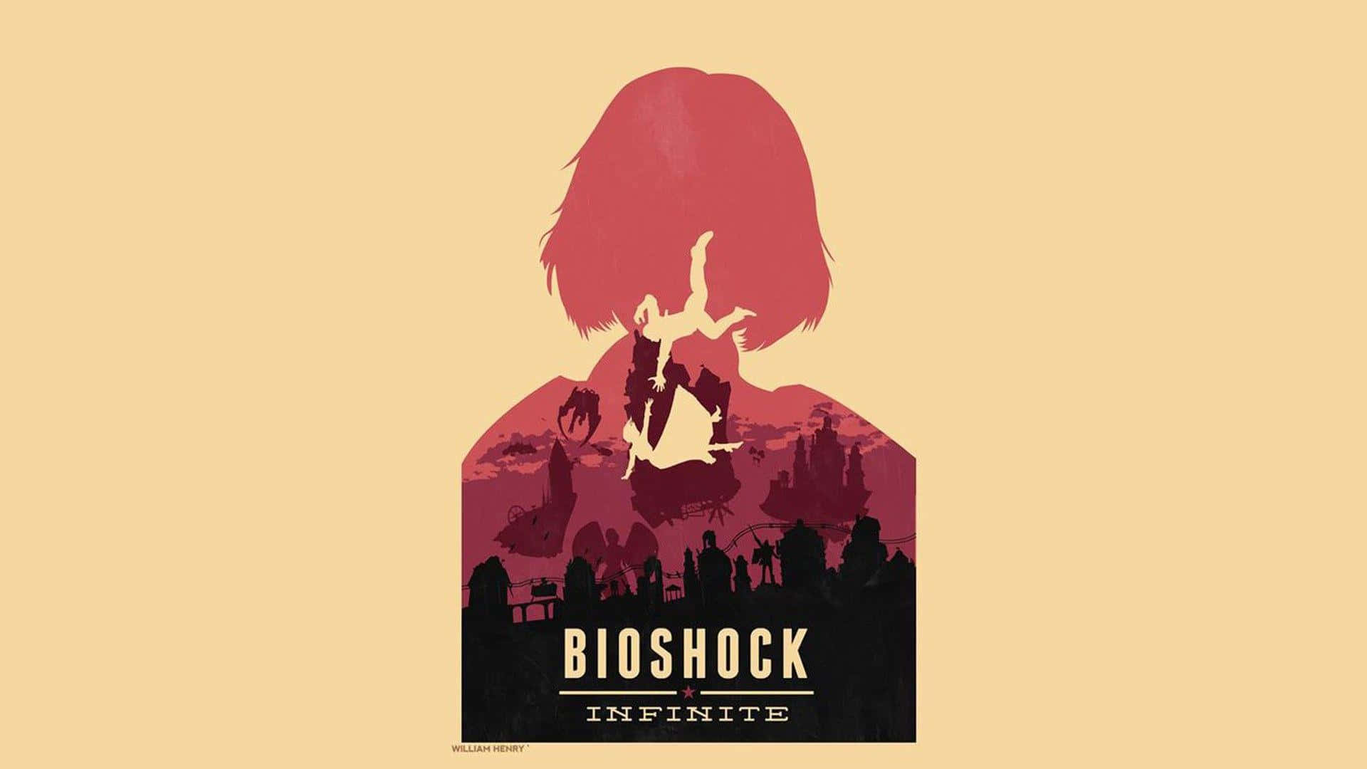 Best Bioshock Infinite 桌布 壁紙 — 一個紅髮人物的風格化剪影，包含城市景觀和一個在空中的人物，背景為米色。