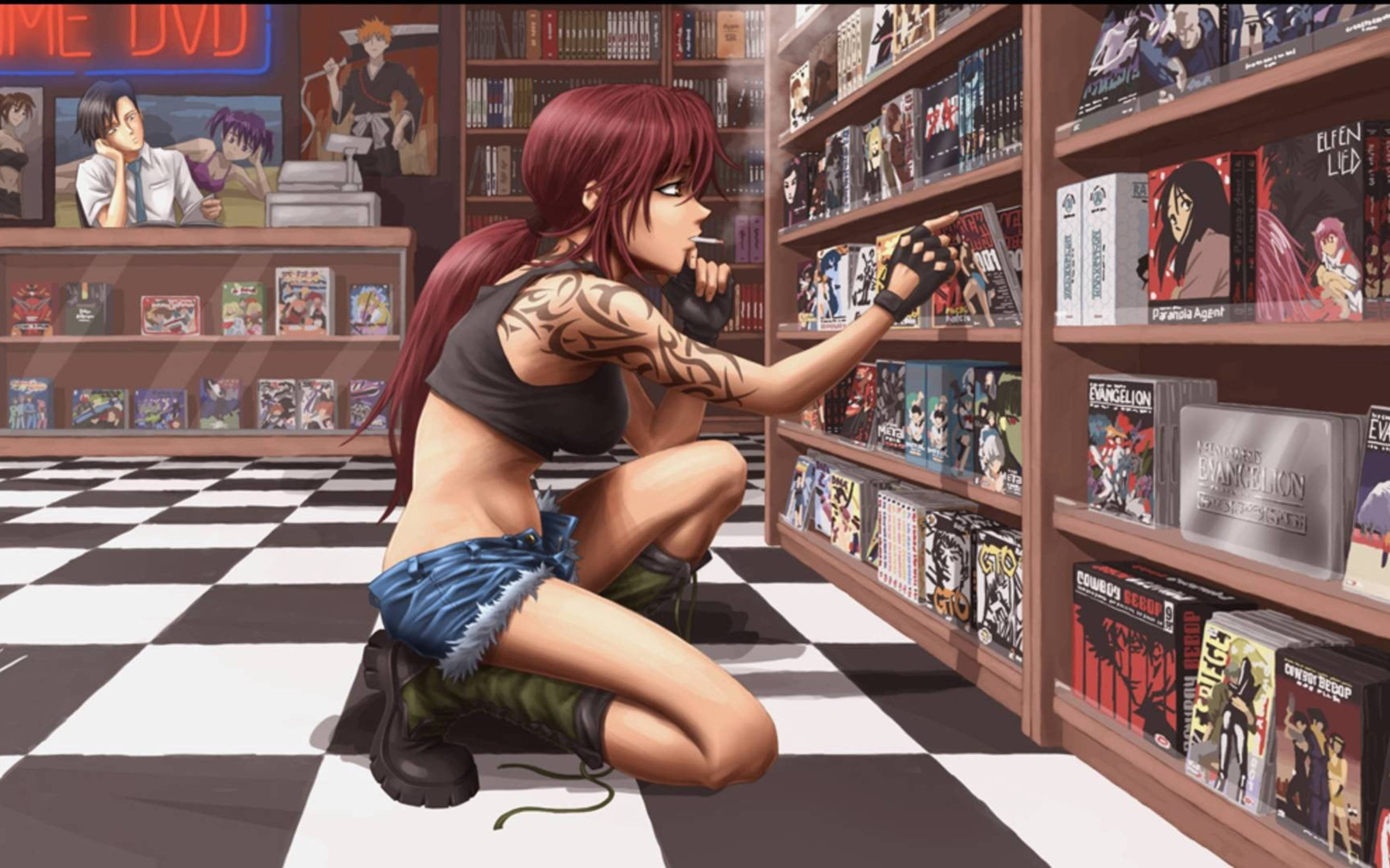 revy 桌布 壁紙 — 一個紅髮刺青手臂的動漫女孩跪在棋盤格地板上，在擁擠的商店裡瀏覽動漫DVD。