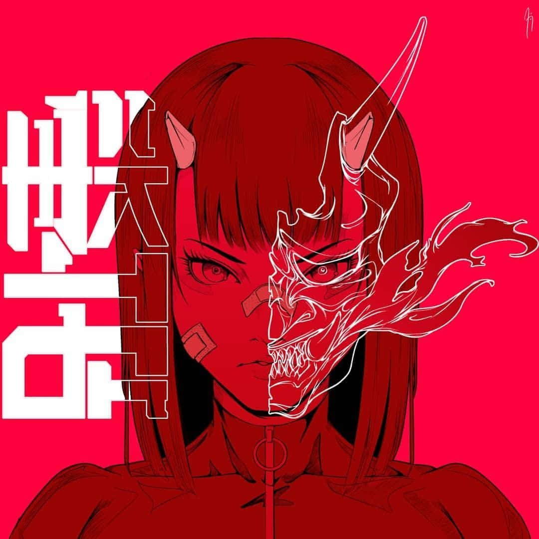 動漫女孩 桌布 壁紙 — 一個紅髮動漫女孩，半張臉像惡魔，白色漢字文字在純紅色背景上。