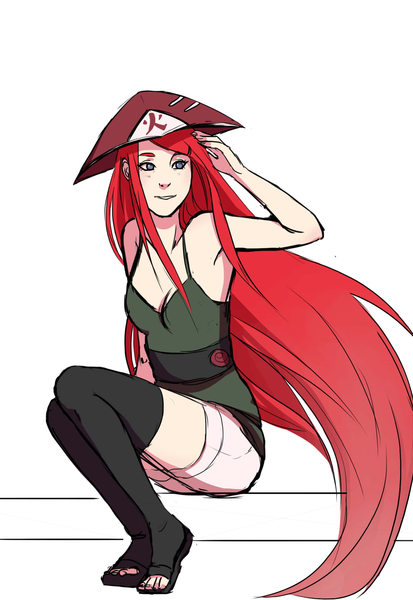 Kushina Uzumaki 桌布 壁紙 — 一個紅髮動漫女孩，戴著忍者帽，穿著綠色服裝，在純白背景前蹲下，一隻手放在頭上。
