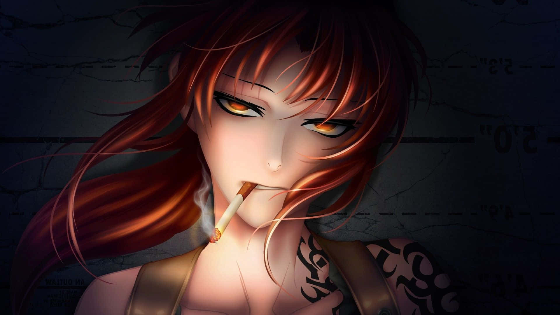 超殺 桌布 壁紙 — 一個紅髮動漫女孩，擁有發光的橙色眼睛，在裂縫牆壁背景下抽煙。