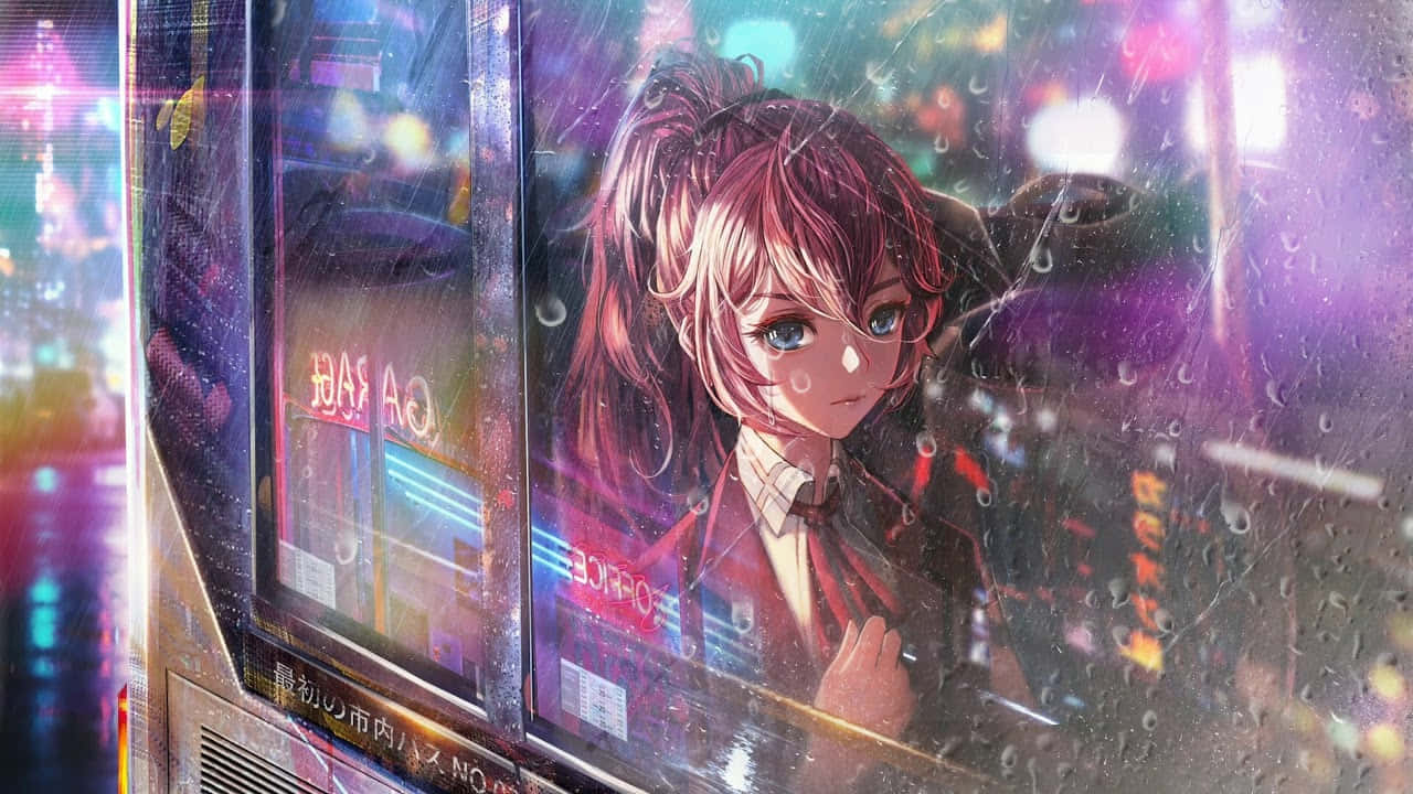 動漫女孩 桌布 壁紙 — 一個紅髮動漫女孩凝視著雨水濺灑的窗外，望向被紫色和粉紅色燈光照亮的霓虹城市景觀。