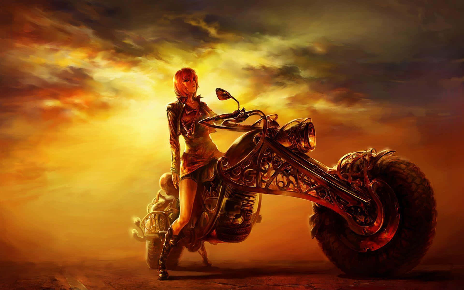 biker 桌布 壁紙 — 一個紅髮動漫女孩坐在一輛裝飾華麗的摩托車上，背景是火燒般的夕陽天空和戲劇性的雲彩。