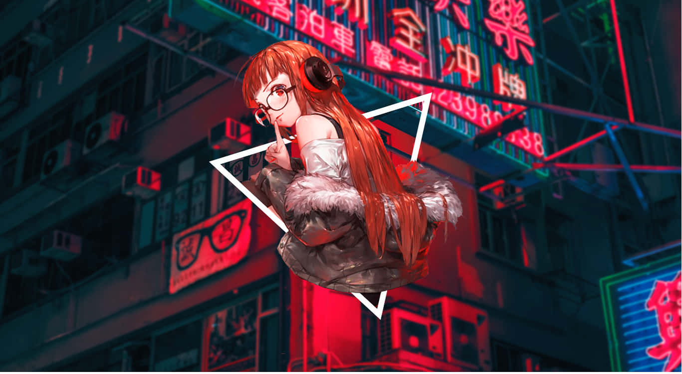 動漫 桌布 壁紙 — 一個紅髮動漫女孩戴著眼鏡和耳機，漂浮在夜晚發光的霓虹城市景觀中。