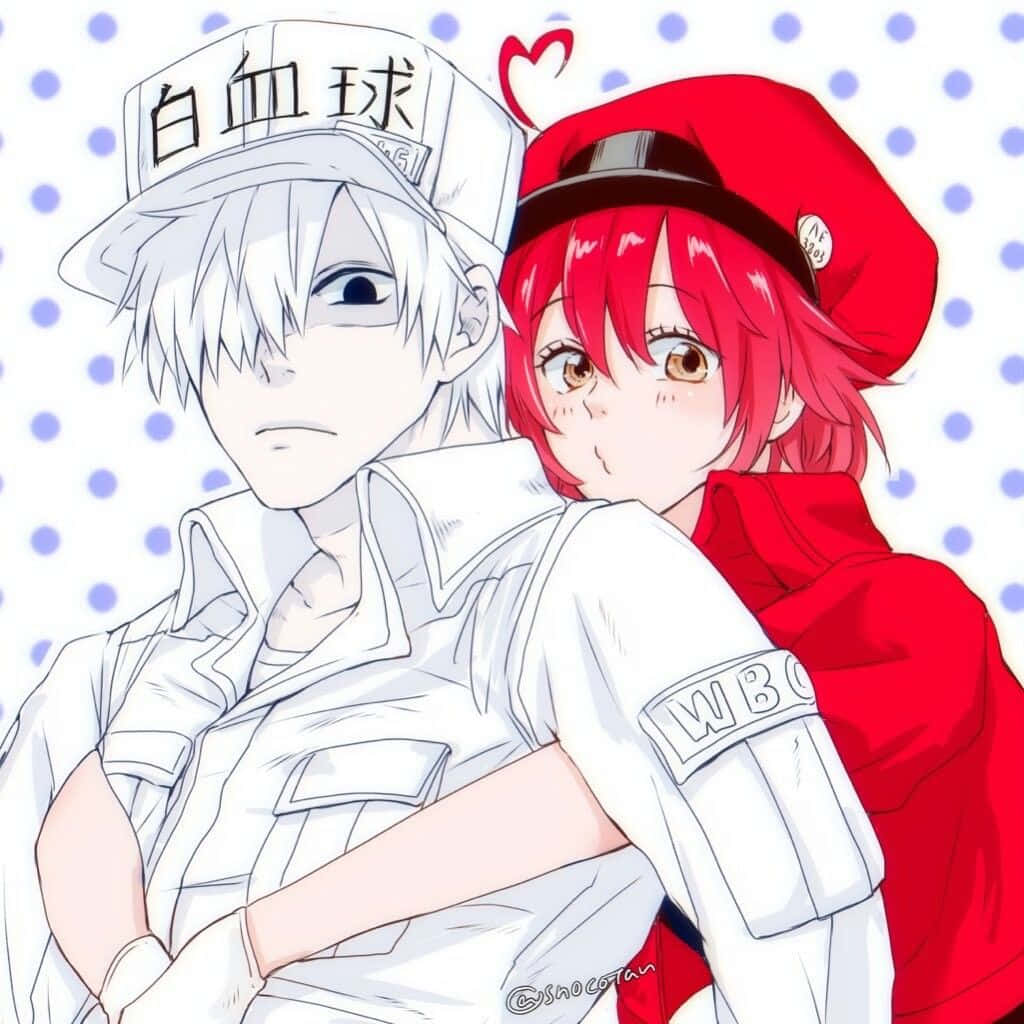 Cells At Work 桌布 壁紙 — 一個紅髮動漫女孩戴著紅色貝雷帽，擁抱一個戴著白色帽子、上面有日文字的白髮男孩，背景是藍色圓點。