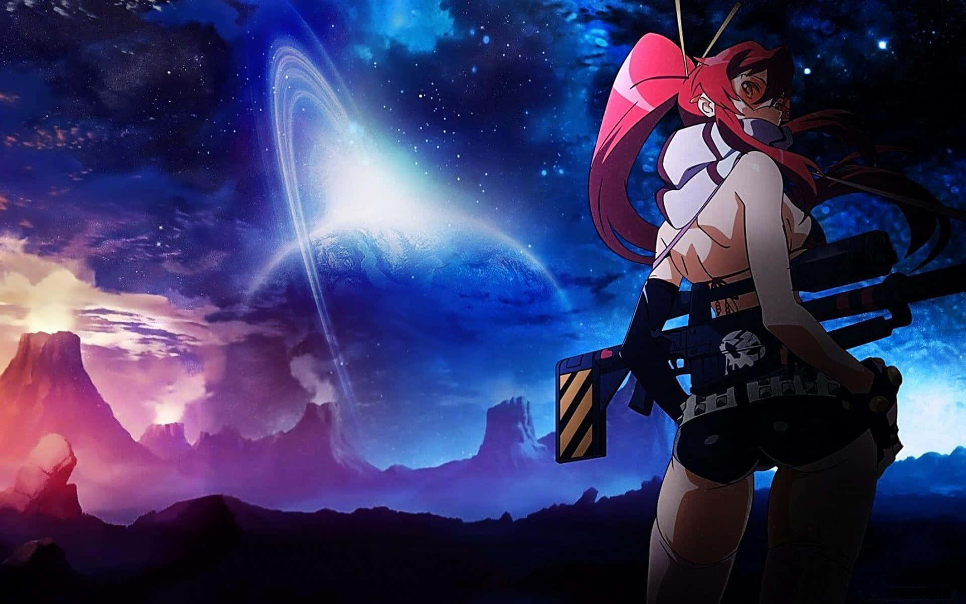 Gurren Lagann 桌布 壁紙 — 一個紅髮動漫女孩拿著武器，站在一個岩石星球上，星空下有一個發光的環狀行星。
