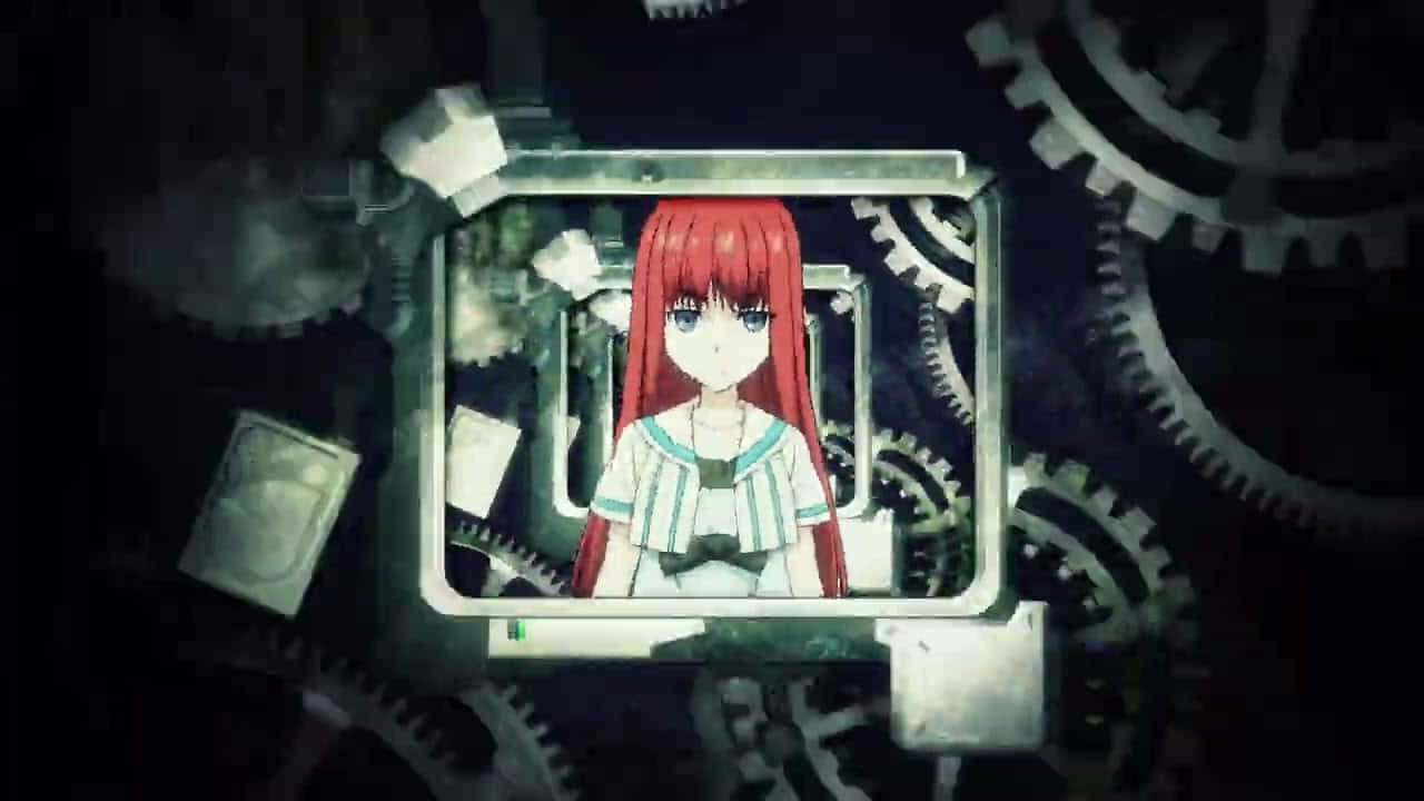 Kagari Shiina 桌布 壁紙 — 一個紅髮動漫女孩穿著校服，從一個被黑暗機械齒輪包圍的發光螢幕中凝視。