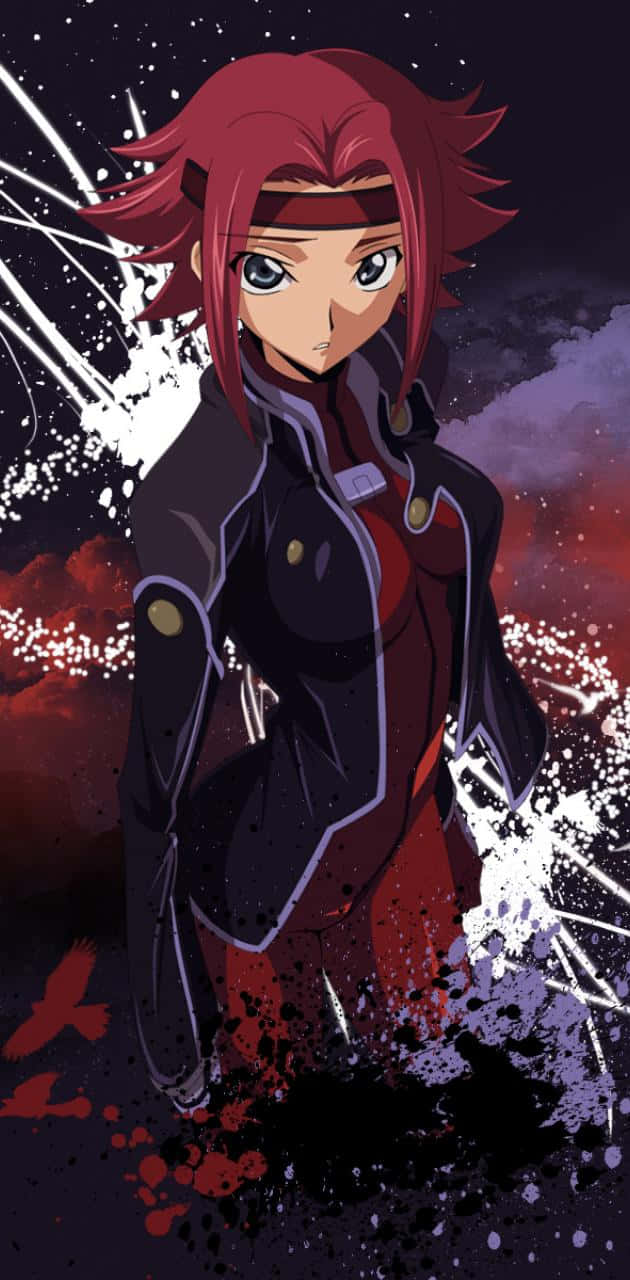 Kallen Stadtfeld 桌布 壁紙 — 一個紅髮動漫女孩穿著深色外套，站在帶有白色和紅色潑濺效果的宇宙背景前。
