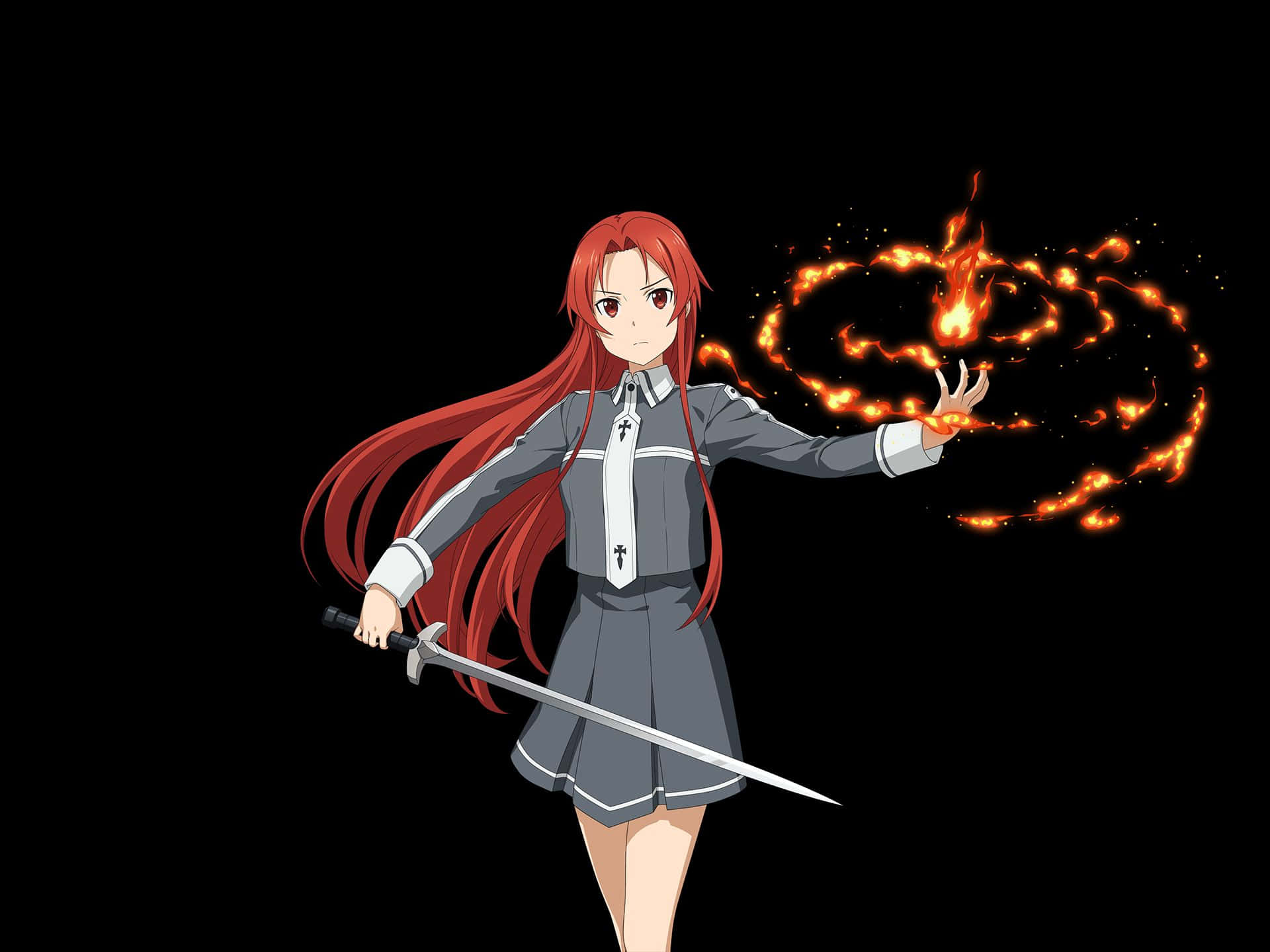 Tiese Shtolienen 桌布 壁紙 — 一個紅髮動漫女孩穿著灰色校服，揮舞著劍，從手中召喚出旋轉的火龍，背景為黑色。
