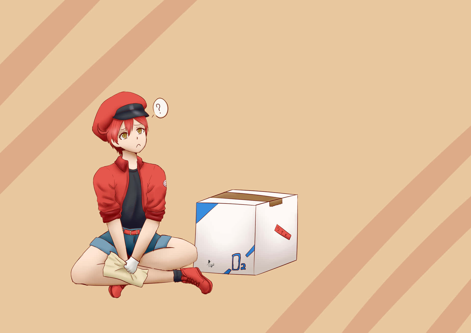 Cells At Work 桌布 壁紙 — 一個紅髮動漫女孩穿著紅色制服，困惑地坐在一個標有O2的白色盒子旁邊，背景是米色對角條紋。