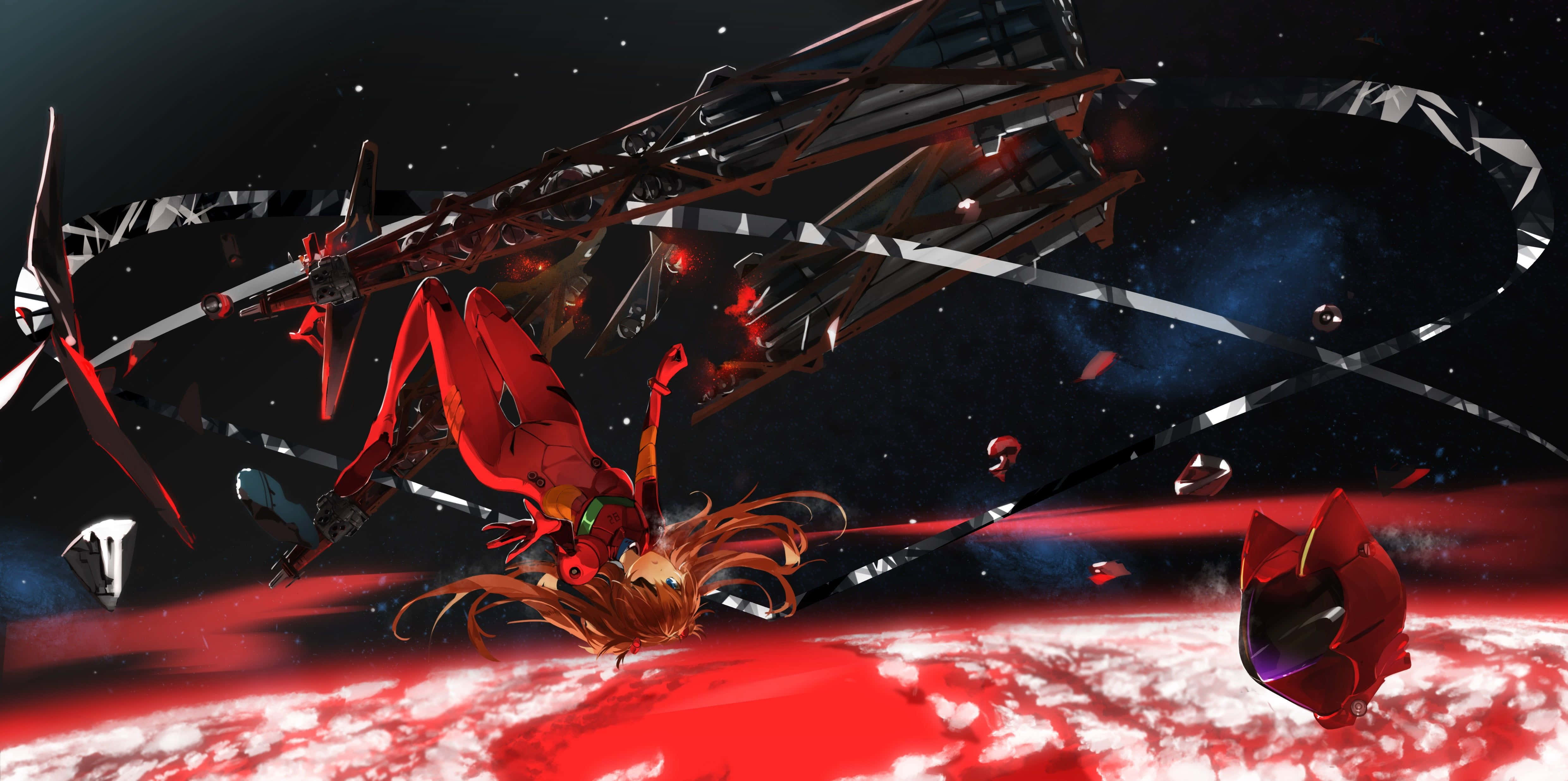 evangelion 4K 桌布 壁紙 — 一個紅髮動漫女孩穿著紅色套裝漂浮在太空中，周圍有碎片和下方發光的紅色星球。