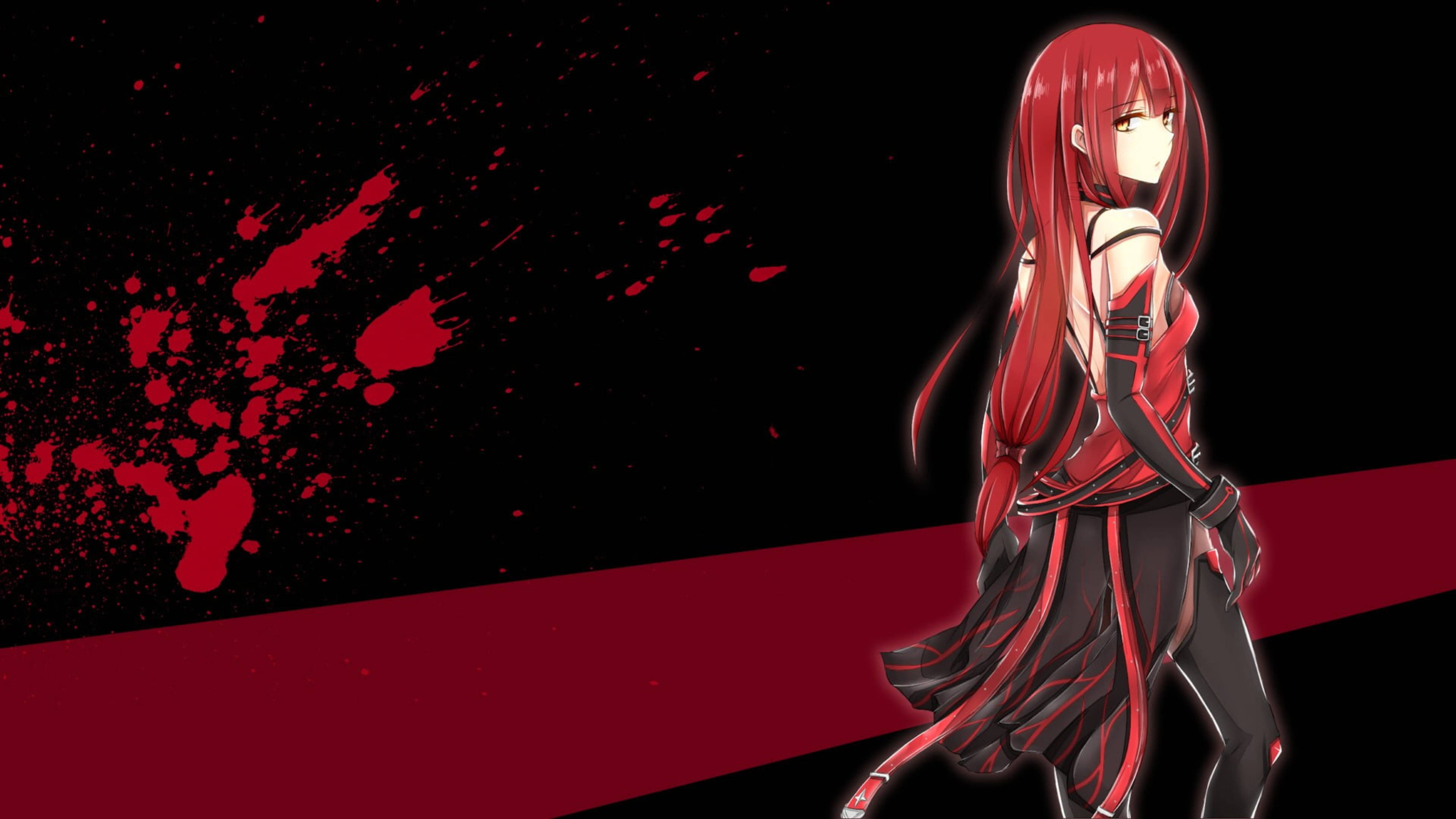 Elsword 桌布 壁紙 — 一個紅髮動漫女孩穿著紅黑服裝，站在黑色背景前，背景上有紅色飛濺和一條大膽的紅色條紋。