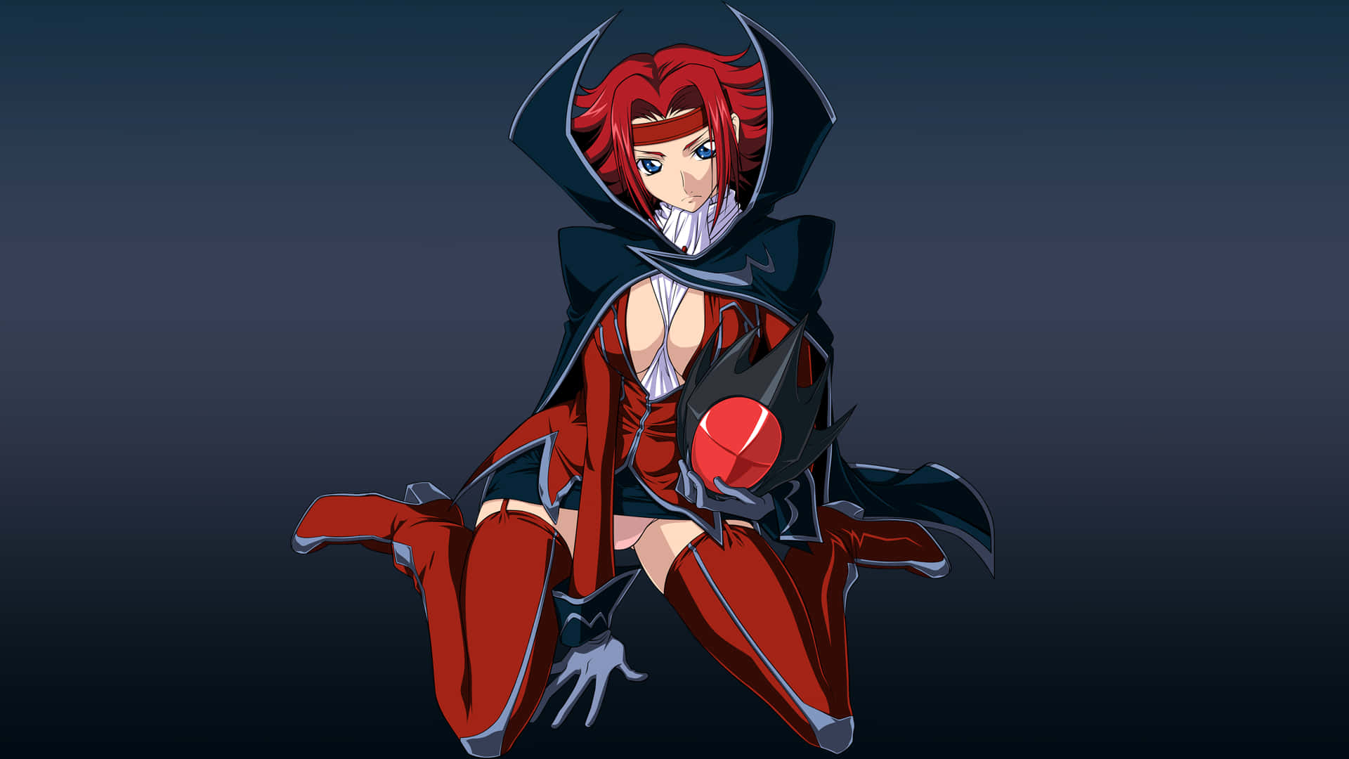 Kallen Stadtfeld 桌布 壁紙 — 一個紅髮動漫女孩穿著紅黑相間的服裝蹲下，在深色漸變背景前手持一個紅色球體。