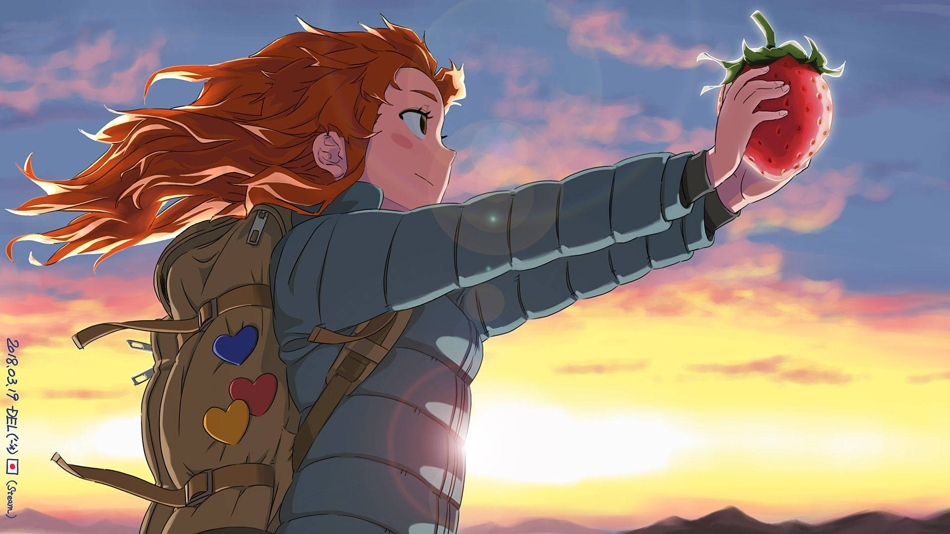 Celeste 桌布 壁紙 — 一個紅髮動漫女孩穿著蓬鬆外套，在充滿活力的日落天空下拿著草莓，頭髮隨風飄揚。