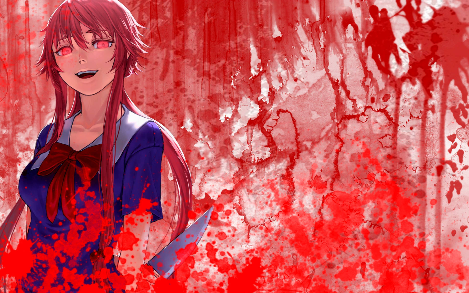 Yuno 桌布 壁紙 — 一個紅髮動漫女孩穿著藍色校服，微笑著將刀抵在濺滿血的牆上。