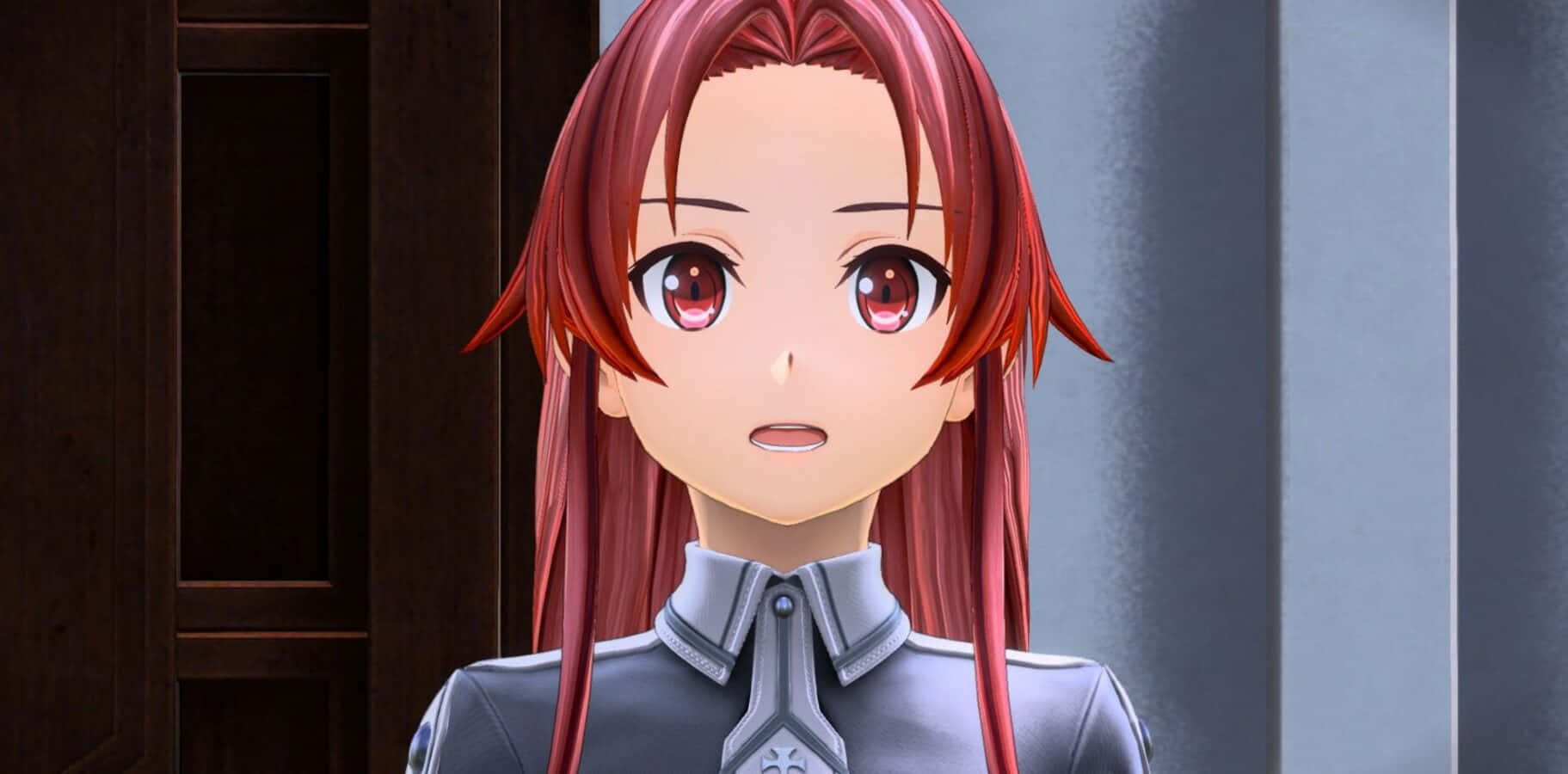 Tiese Shtolienen 桌布 壁紙 — 一個紅髮動漫女孩穿著銀色盔甲，睜大驚訝的眼睛站在門口的特寫。