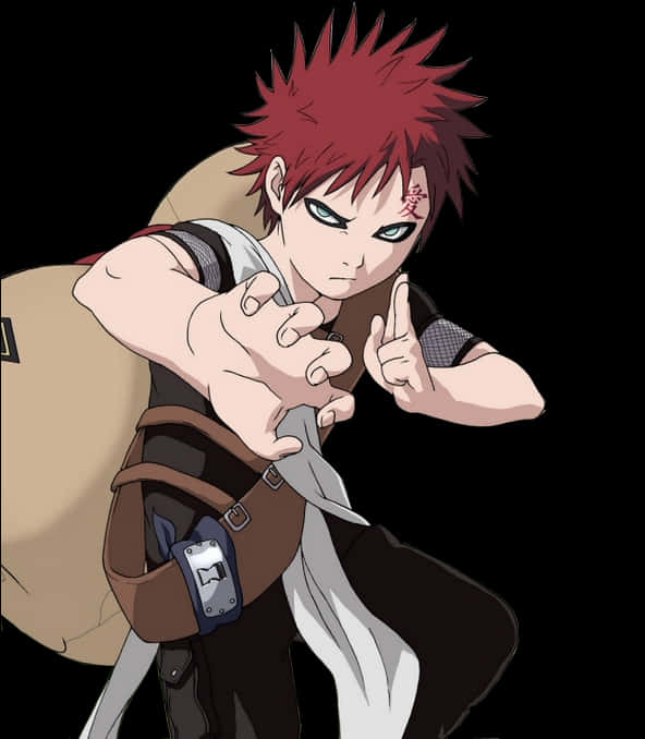 Gaara Naruto Anime 桌布 壁紙 — 一個紅髮動漫忍者，眼睛發光，戴著頭帶，在黑色背景前結手印。