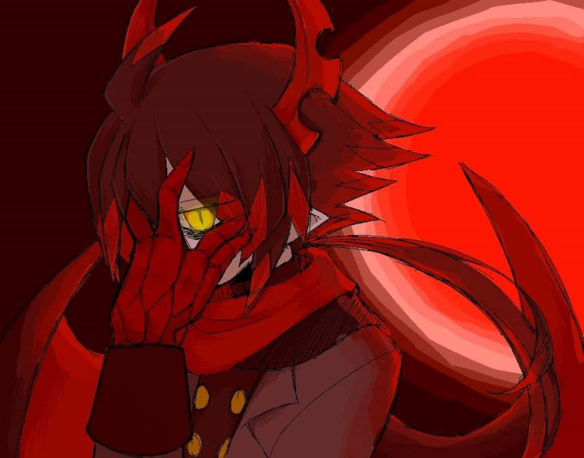 動漫惡魔 桌布 壁紙 — 一個紅髮動漫惡魔，有著發光的黃色眼睛，用一隻帶爪的手遮住半張臉，背景是火紅色的。