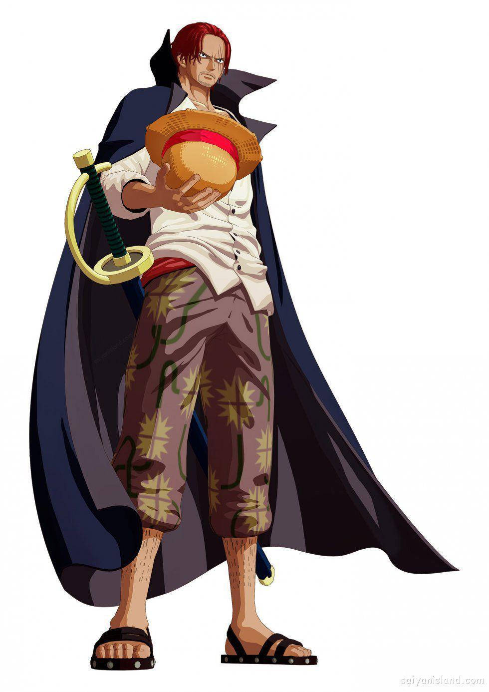 動漫 桌布 壁紙 — 一個紅髮動漫海盜穿著深色外套，在純白色背景前拿著草帽和劍。