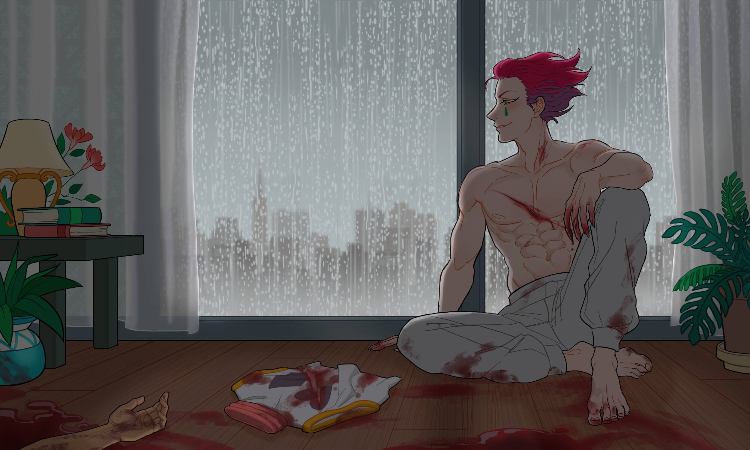 西索 桌布 壁紙 — 一個紅髮動漫男人滿身鮮血坐在雨中的城市景觀地板上，淚流滿面地凝視窗外。