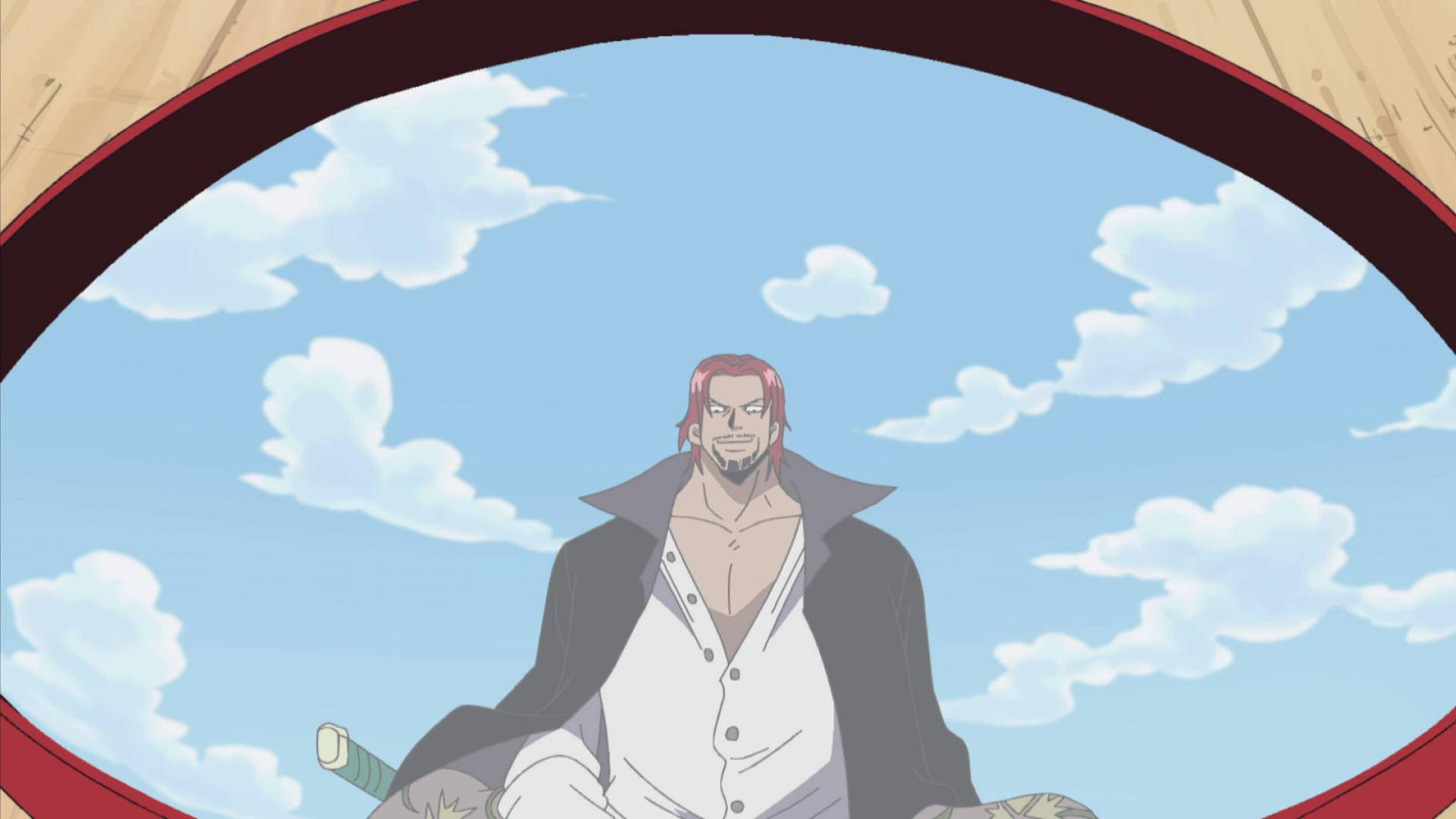 Shanks 桌布 壁紙 — 一個紅髮動漫男人穿著黑色外套，自信地站在明亮的藍天和蓬鬆的白雲前，由木窗框著。