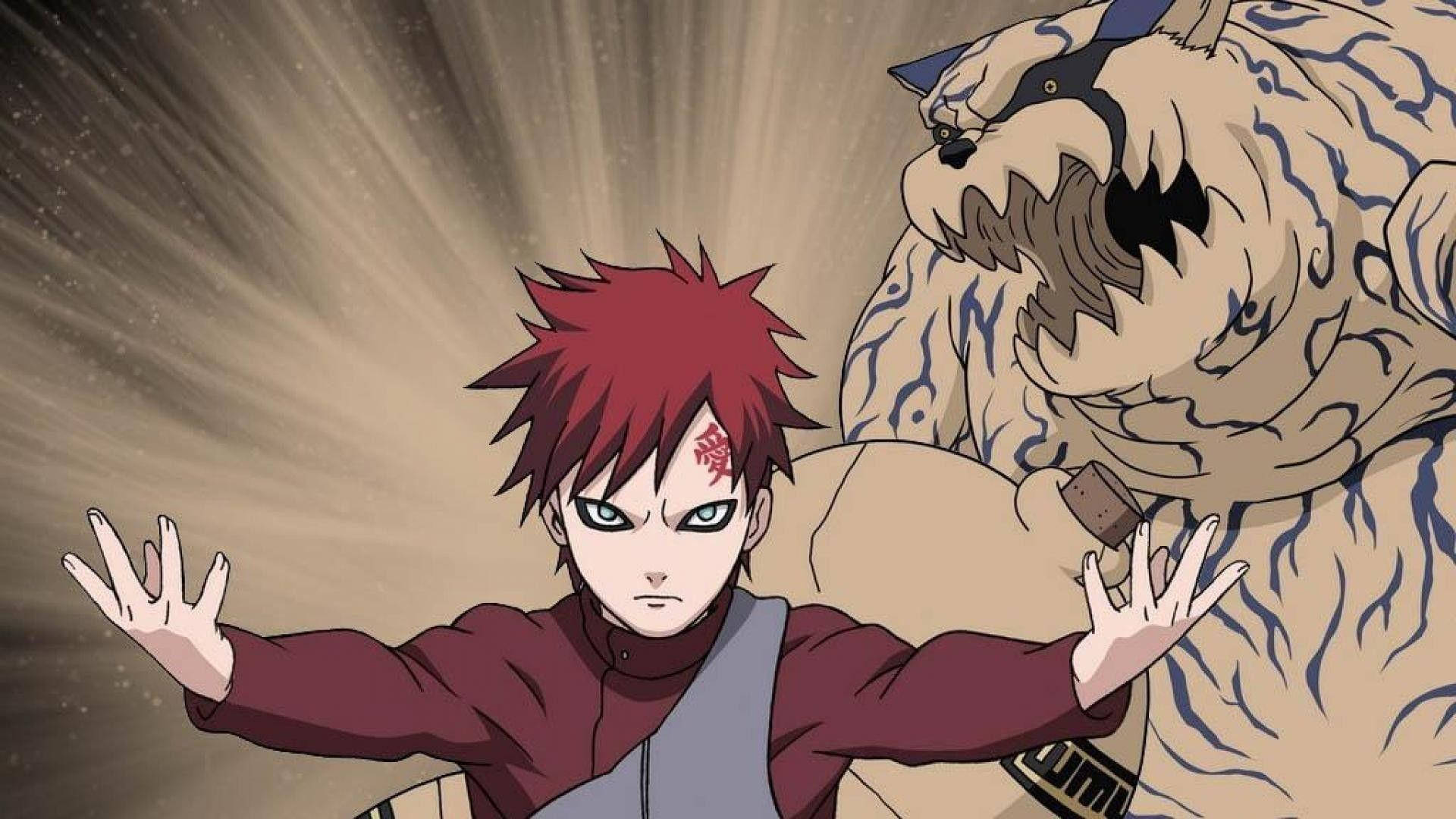 Gaara 桌布 壁紙 — 一個紅髮動漫男孩，眼睛發光，挑釁地站著，身後一隻巨大的虎形野獸在燦爛的金色背景下咆哮。
