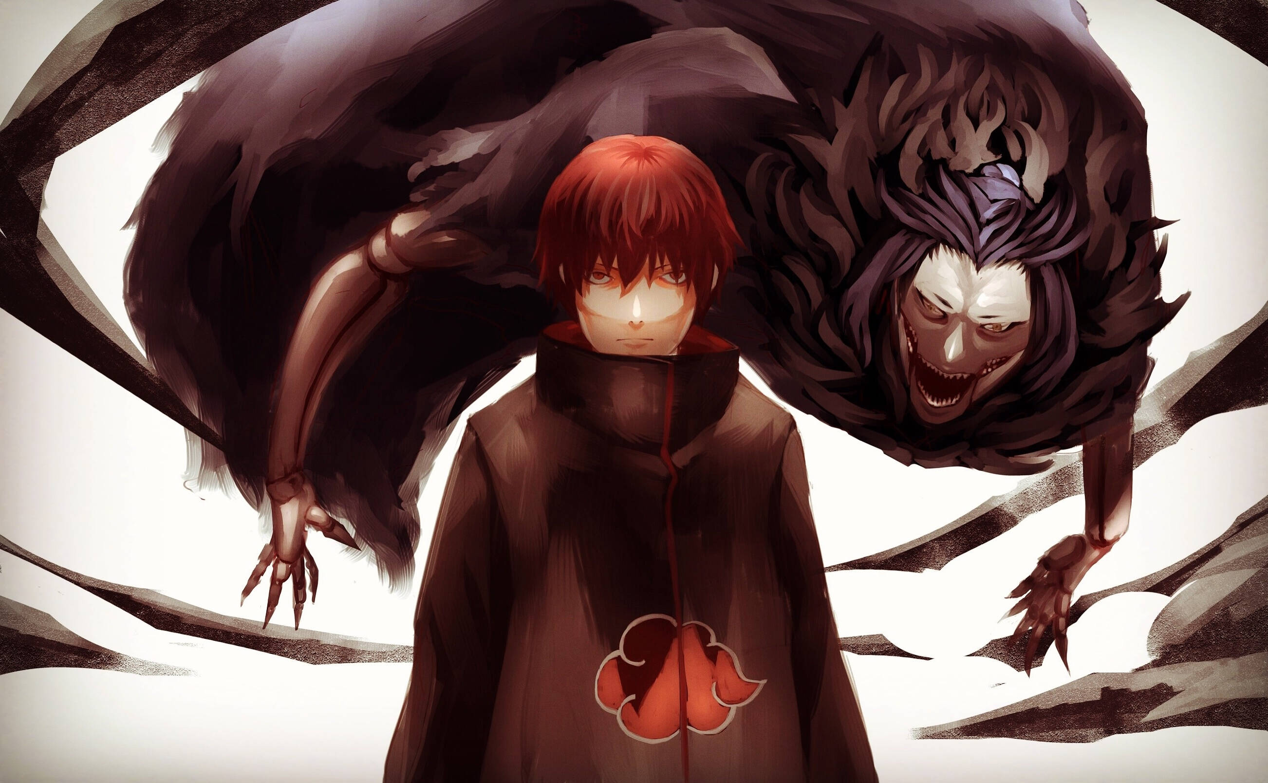 Sasori 桌布 壁紙 — 一個紅髮動漫男孩，身穿帶有紅色雲紋的黑色斗篷，冷靜地站著，身後一個擁有鋒利爪子的 monstrous 黑暗實體隱約出現。