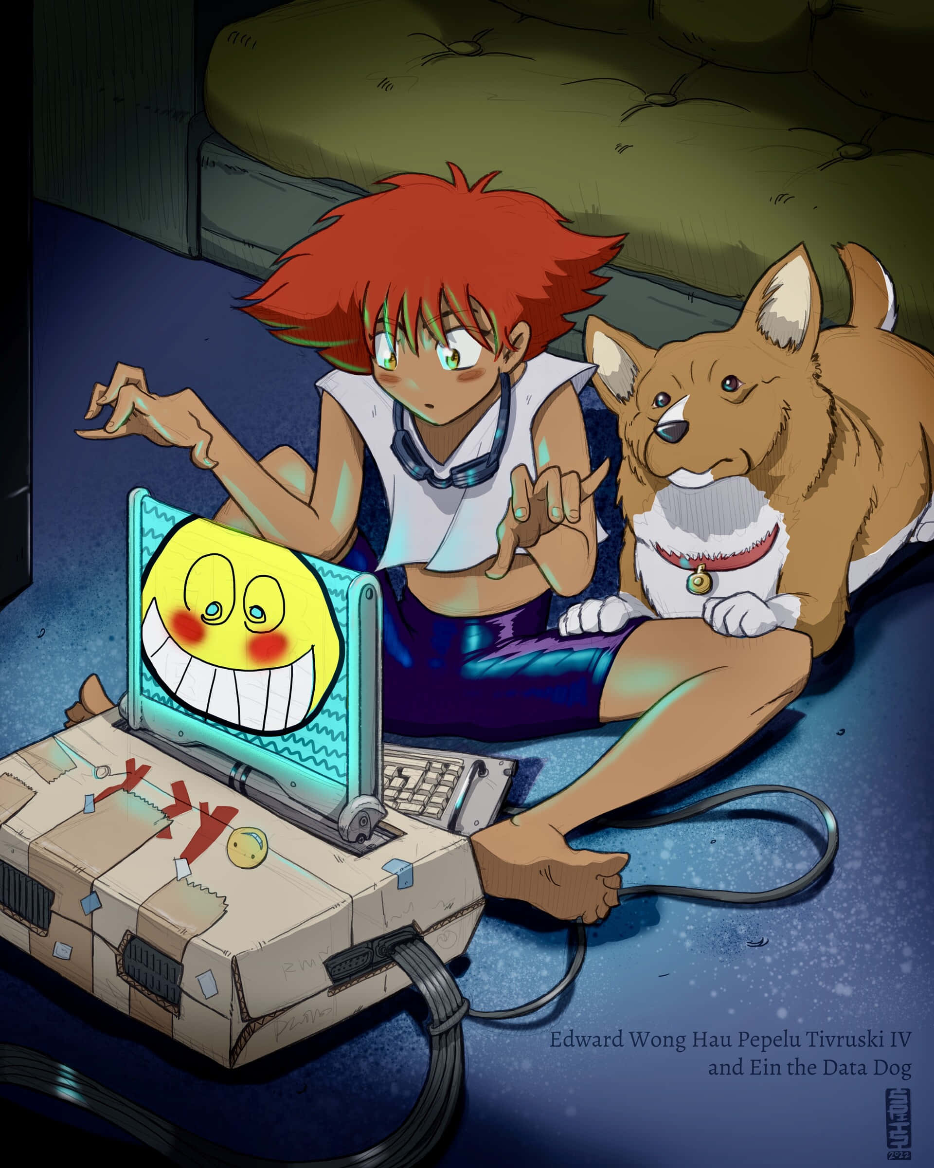 Cowboy Bebop Ein 桌布 壁紙 — 一個紅髮動漫男孩和他的柯基犬坐在藍色地板上，旁邊是一部顯示咧嘴笑黃色笑臉的筆記型電腦。