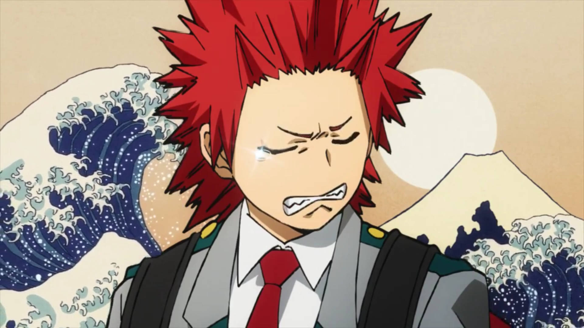 Kirishima 桌布 壁紙 — 一個紅髮動漫男孩在巨浪和富士山的背景下咬牙切齒，顯得沮喪。