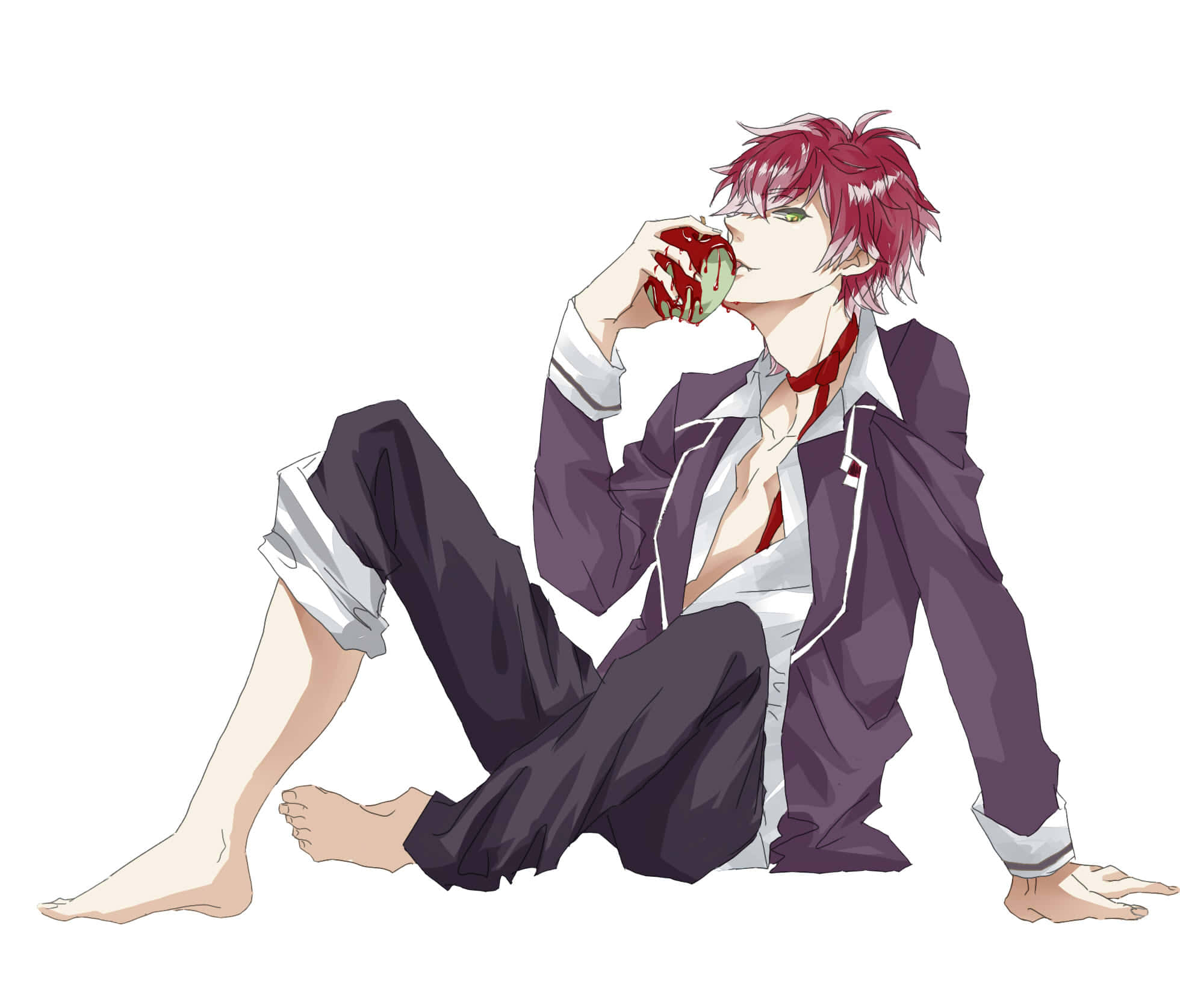 Diabolik Lovers 桌布 壁紙 — 一個紅髮動漫男孩穿著校服赤腳坐在白色背景前，從一個沾血的蘋果中飲用。
