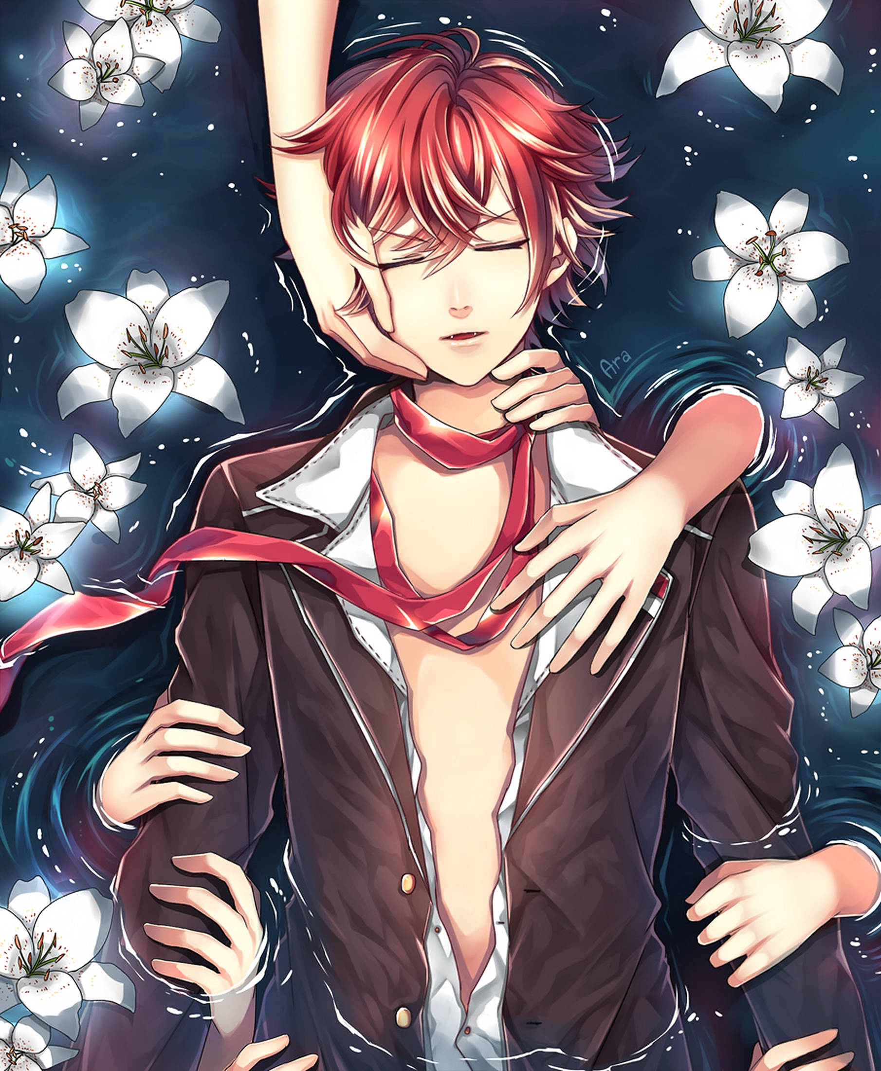 Diabolik Lovers 桌布 壁紙 — 一個紅髮動漫男孩穿著深色外套，在星光燦爛的夜晚場景中漂浮在發光的白色百合花之間。