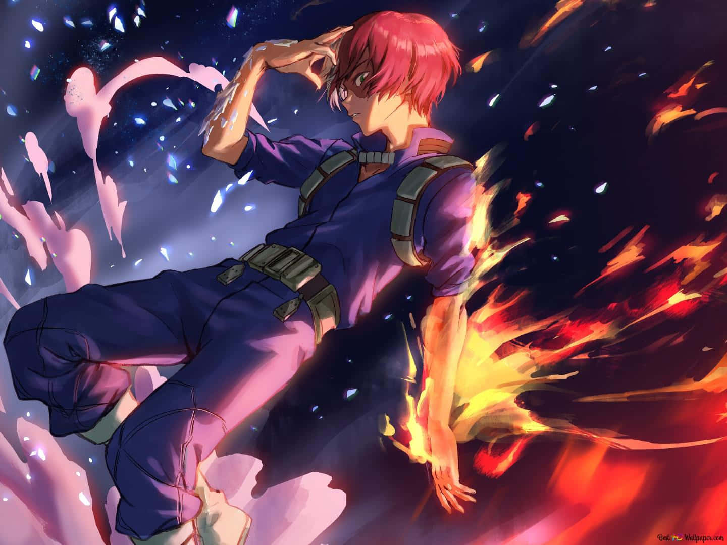 Todoroki Black 桌布 壁紙 — 一個紅髮動漫男孩穿著紫色制服，在黑暗的宇宙背景下漂浮於熾熱爆炸和粉紅色能量爆發之中。