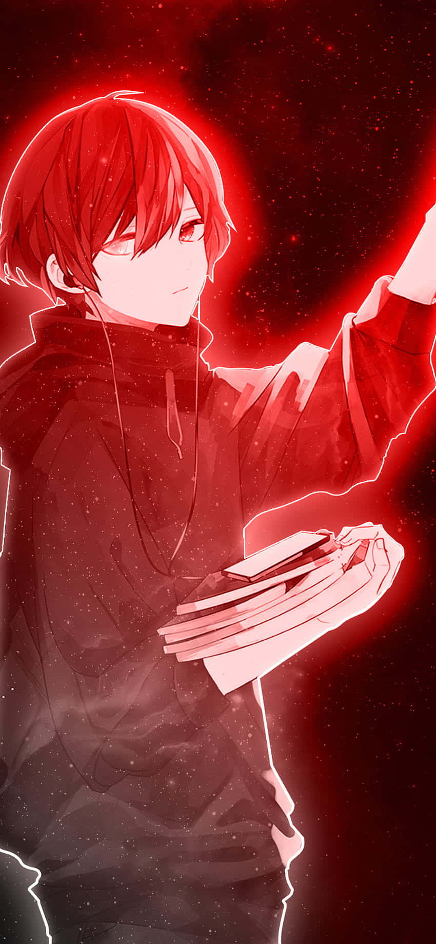 動漫 桌布 壁紙 — 一個紅髮動漫男孩穿著連帽衫，在發光的紅色星空背景下抱著書。