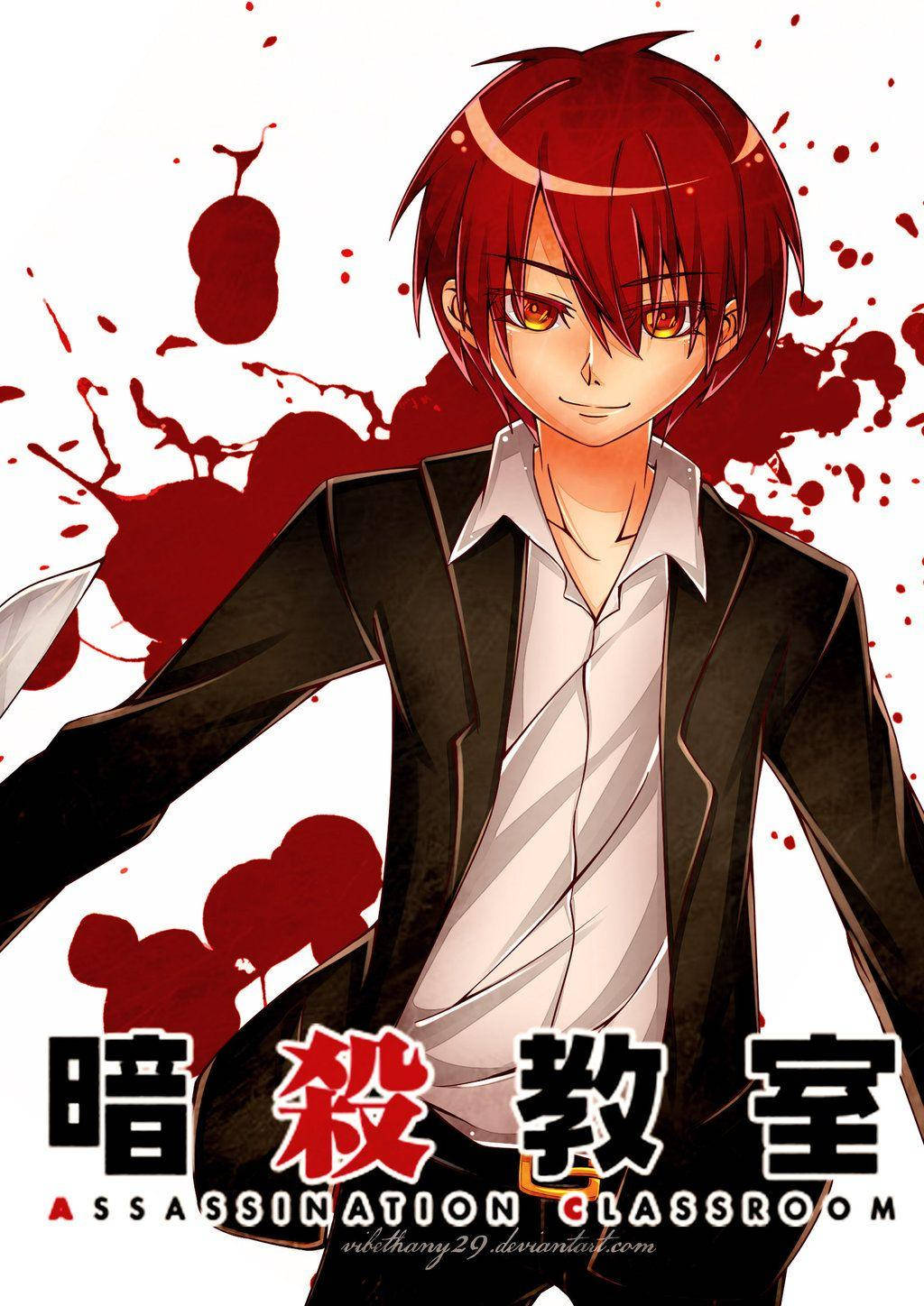 karma 桌布 壁紙 — 一個紅髮動漫男孩穿著黑色西裝，站在一個濺滿紅色油漆狀污漬的白色背景前。