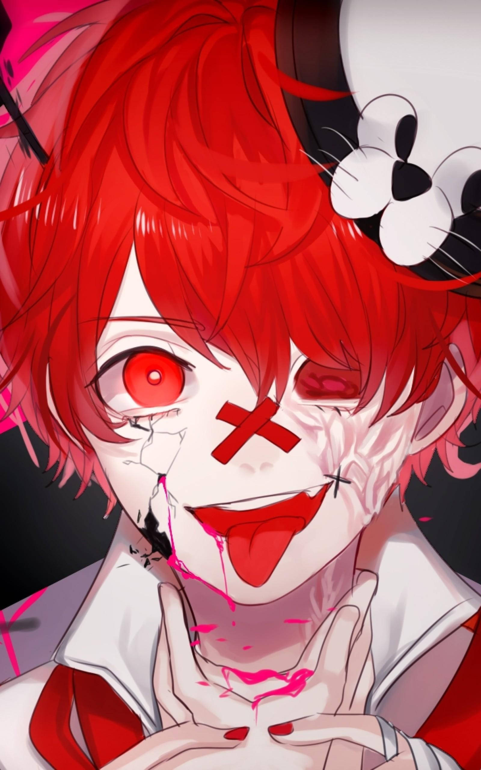 Crazy Anime Boy 桌布 壁紙 — 一個紅髮動漫角色，一隻眼睛是紅色的，另一隻眼睛上有一個紅色十字架，伸出舌頭，粉紅色液體從下巴滴落。
