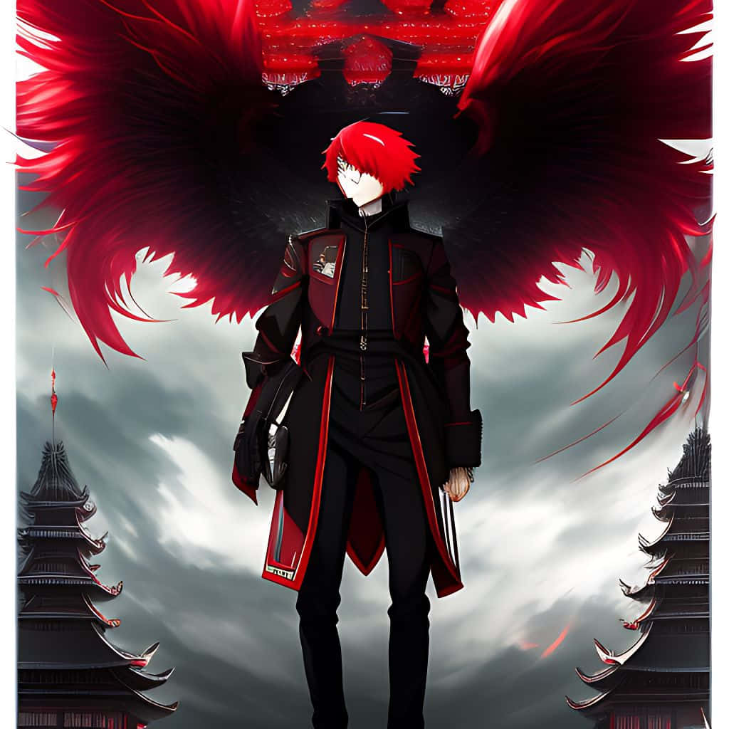 Urban Fantasy 桌布 壁紙 — 一個紅髮動漫角色，擁有巨大的紅色和黑色翅膀，站在風暴天空下的傳統寶塔前。
