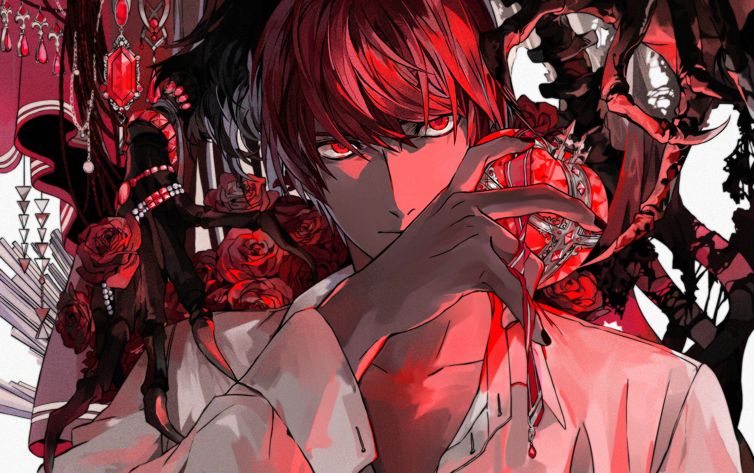 Light Yagami 桌布 壁紙 — 一個紅髮動漫角色，擁有發光的紅色眼睛，在黑暗玫瑰和華麗珠寶中手持心形物體。