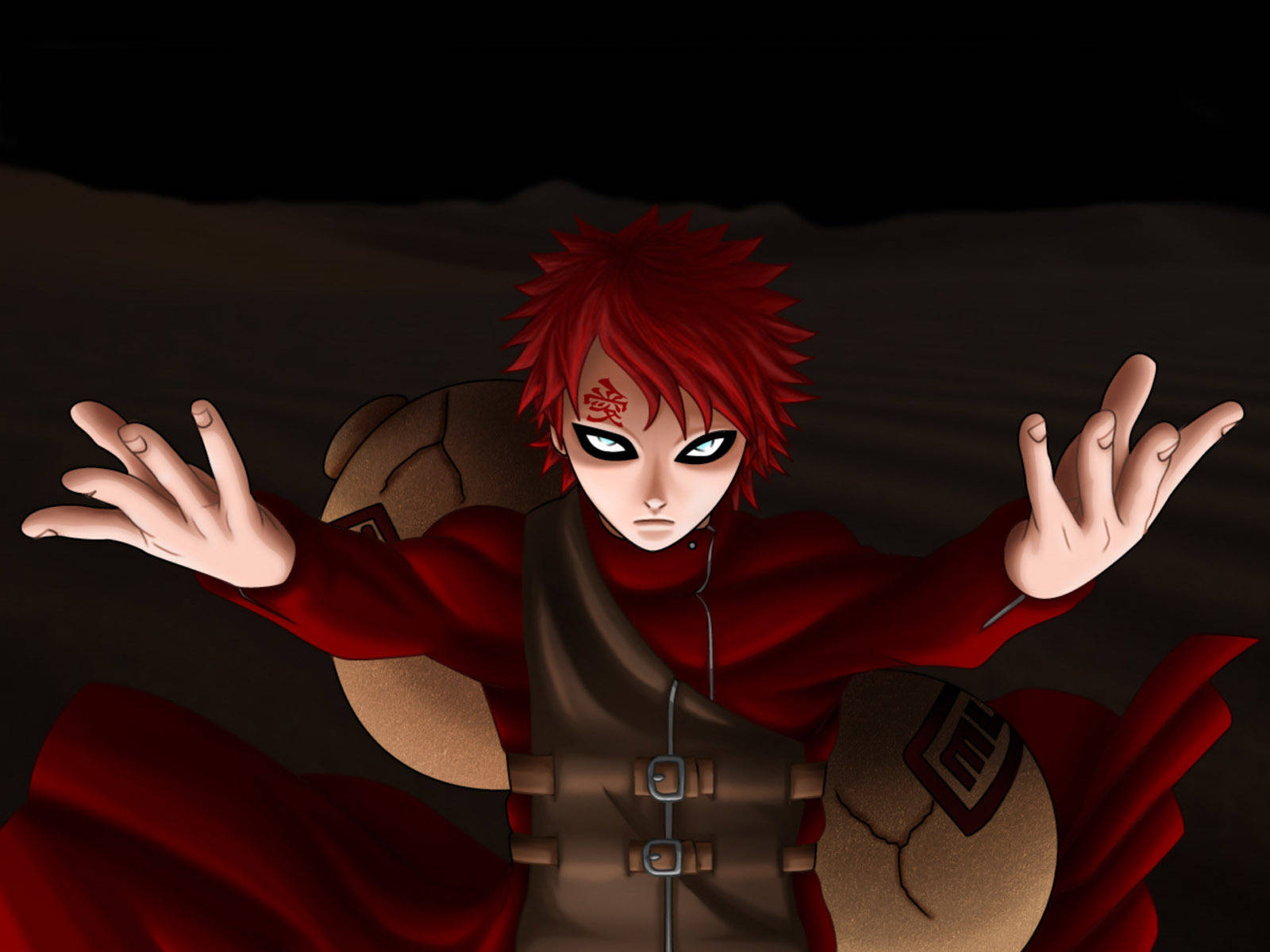 Gaara 桌布 壁紙 — 一個紅髮動漫角色，眼睛發光，身穿紅色斗篷，站在黑暗的沙漠中，雙臂張開，擺出戲劇性的姿勢。