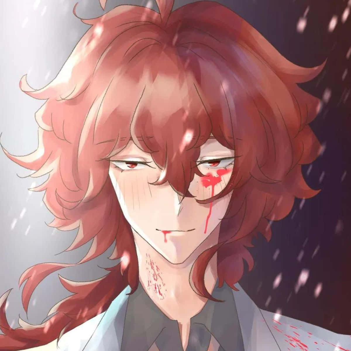 Sho Hinakawa 桌布 壁紙 — 一個紅髮動漫角色，臉上和衣服上有血痕，站在雨中場景，表情陰沉。
