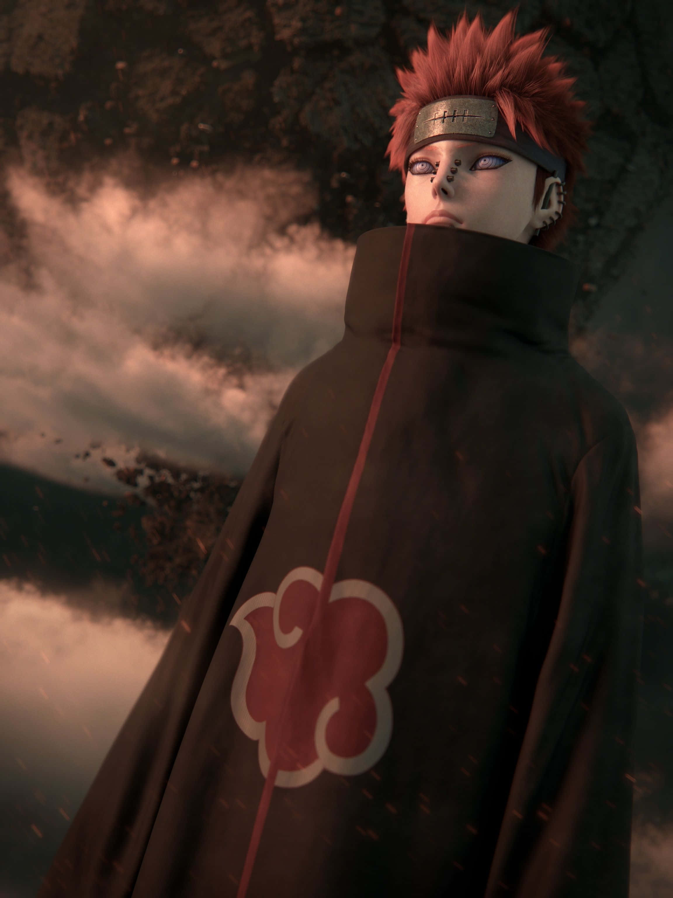 Akatsuki Naruto Shippuden 桌布 壁紙 — 一個紅髮動漫角色，身穿帶有紅色雲紋的黑色斗篷，站在暴風雨黃昏的天空下。