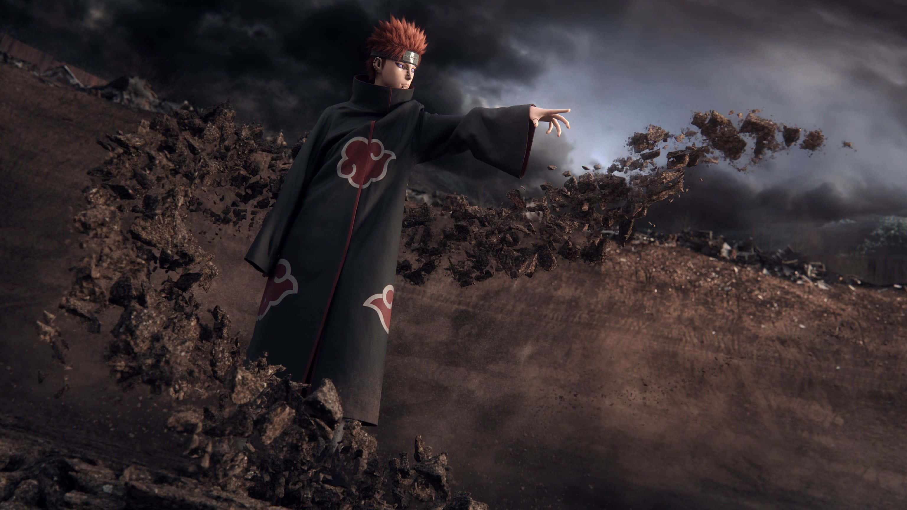 Pain Rinnegan 桌布 壁紙 — 一個紅髮動漫角色，身穿帶有紅色雲紋的黑色斗篷，站在岩石地形上，在暴風雨的天空下召喚碎片。