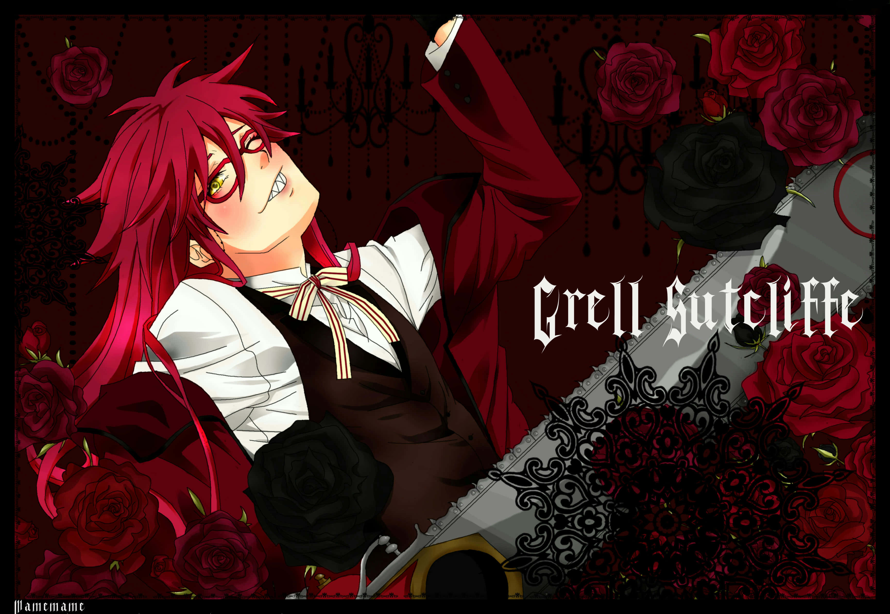 Black Butler 桌布 壁紙 — 一個紅髮動漫角色咧嘴笑著，手持一把大型華麗劍，被紅黑玫瑰環繞，背景是深色錦緞壁紙。