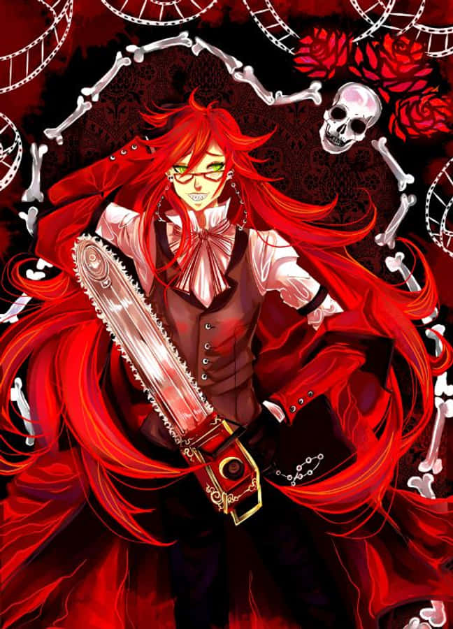 Grell Sutcliff 桌布 壁紙 — 一個紅髮動漫角色在骨頭、玫瑰和膠卷中揮舞電鋸，背景為深紅色。